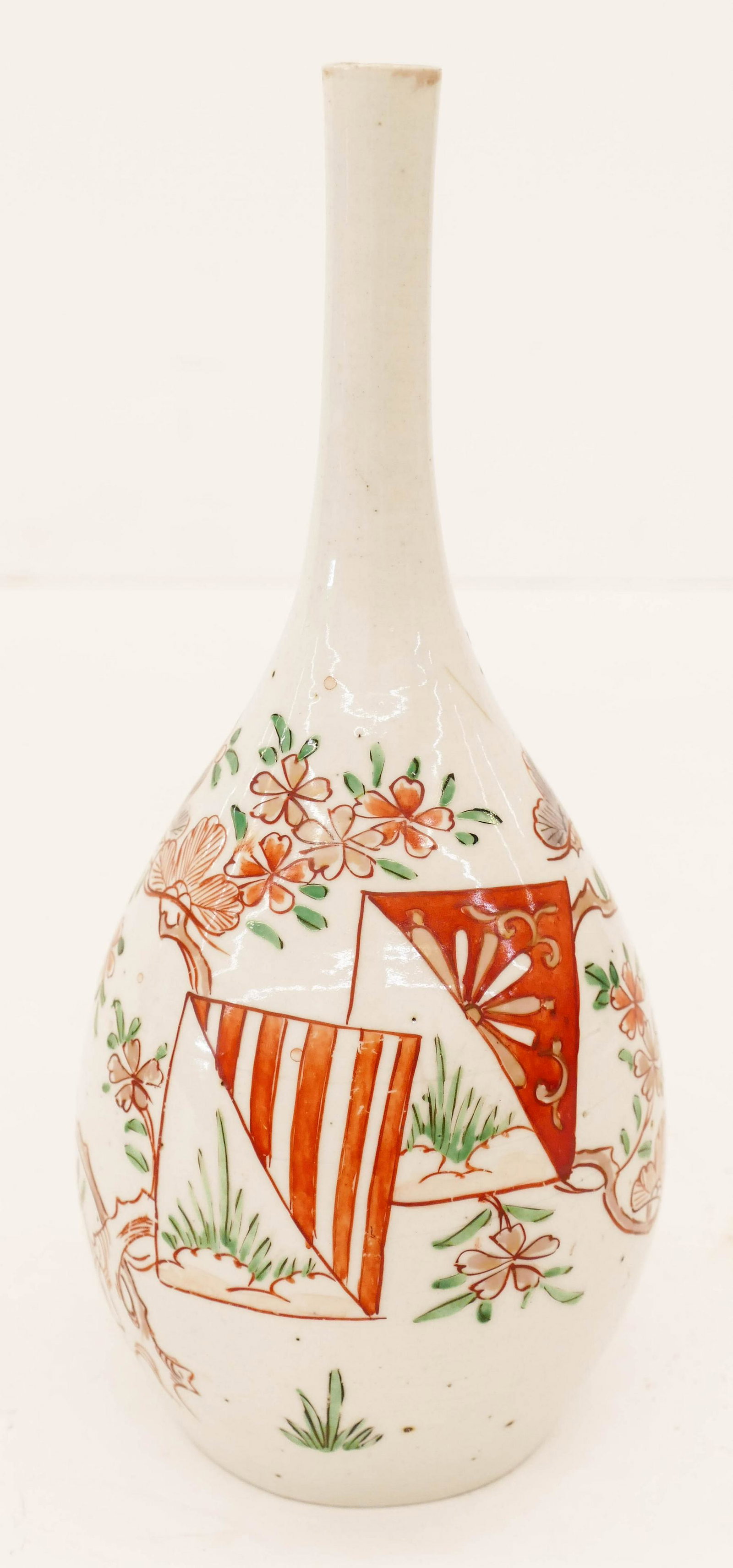 Japanese 18th Cent. Kutani Bottle 10.75''x4.75'': Japanese 18th Cent. Kutani Bottle 10.75''x4.75''. Polychrome decorated porcelain with branch and shikishi boards. Excellent condition. Edo period. Collection of W. Gordon Menzies, Seattle.