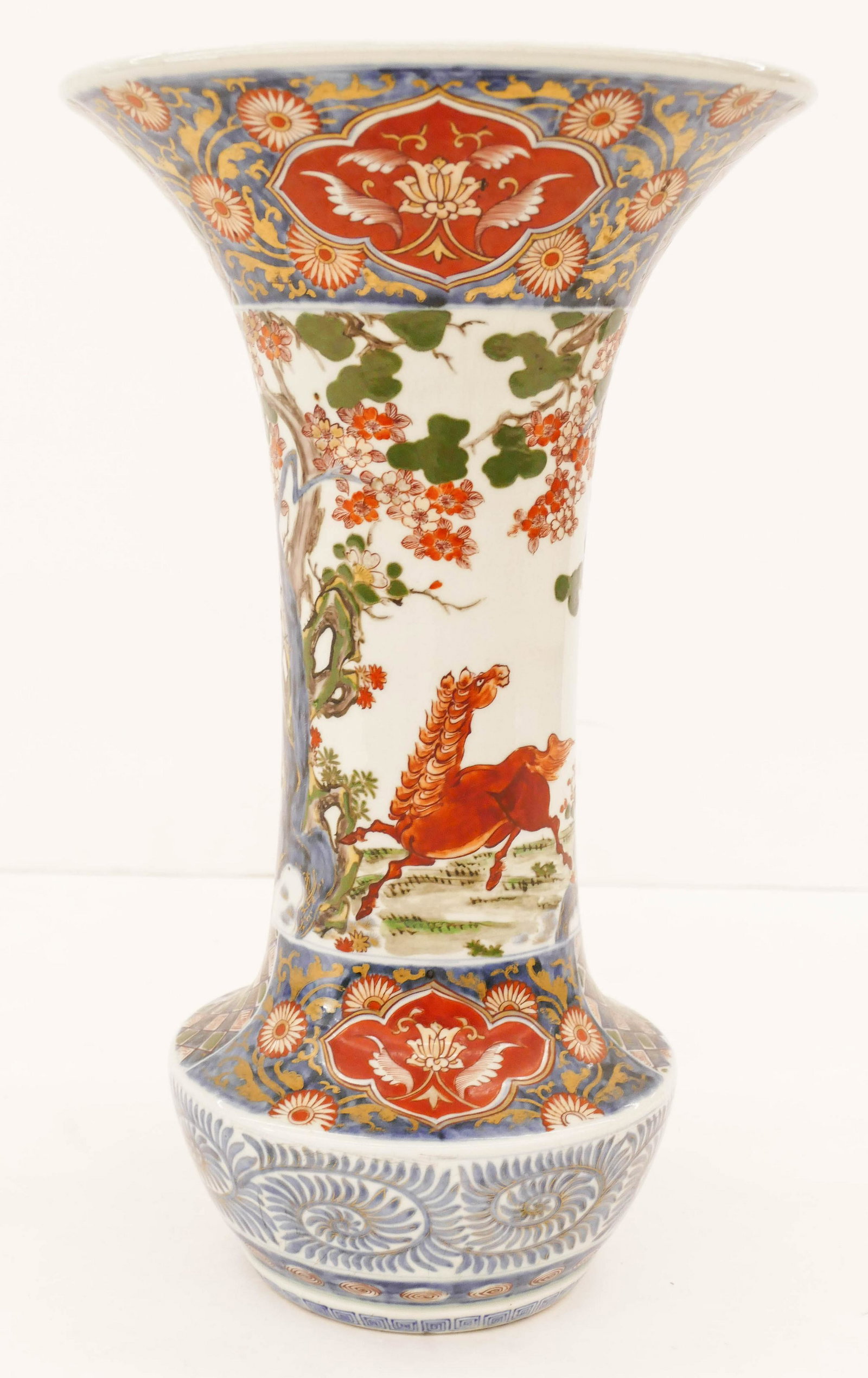 Japanese 19th Cent. Large Imari Horse Vase 17.5'': Japanese 18th Cent. Large Imari Horse Vase 17.5''x10.5''. Impressive gilt polychrome porcelain large vase with horse in landscape motif. Some minor wear to gilt work. Excellent condition. Edo or Meiji