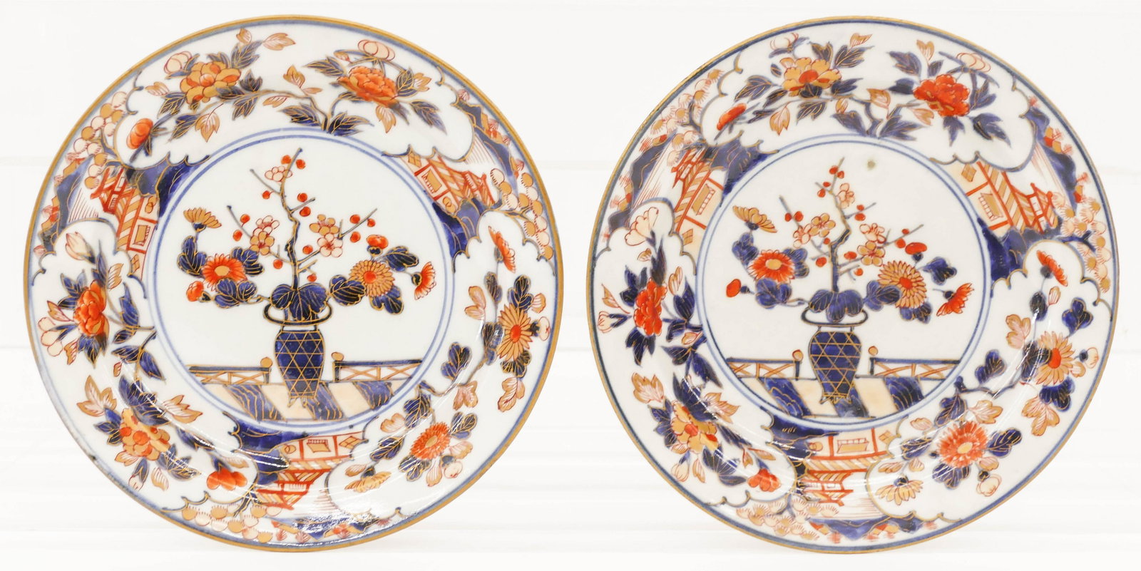 Pair Japanese 18th Cent. Imari Plates 8.75'': Pair Japanese 18th Cent. Imari Plates 8.75''. A duo of gilt blue and white porcelain plates with chrysanthemum motifs. Excellent condition. Edo period. Collection of W. Gordon Menzies, Seattle.