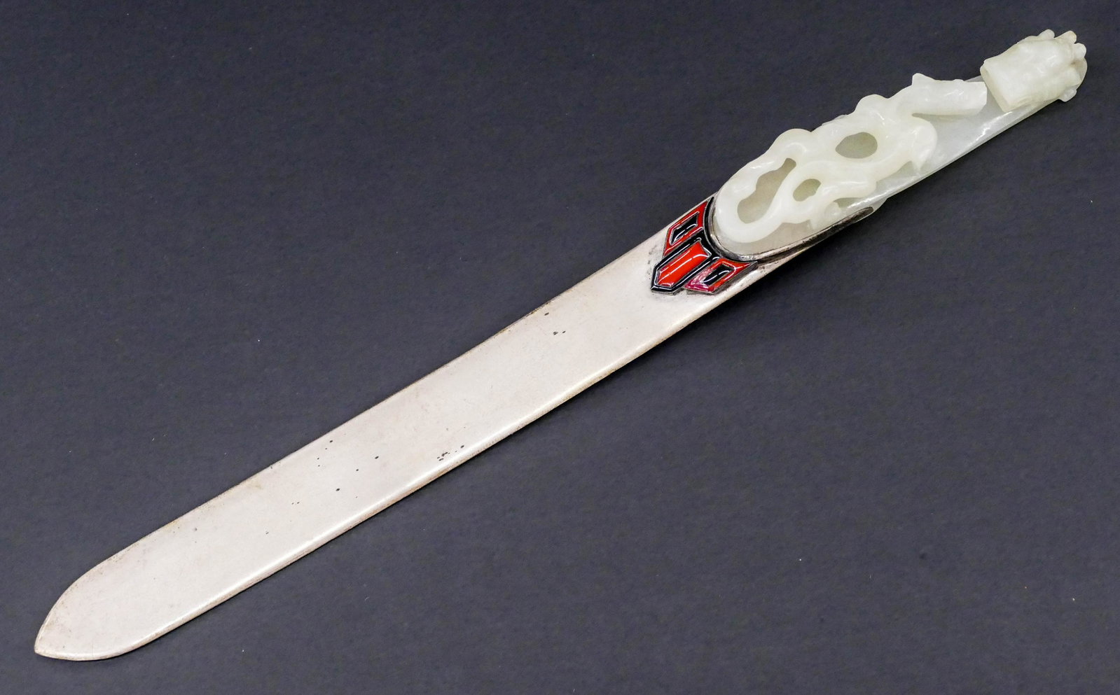 Chinese Qing Jade Dragon Belt Hook Letter Opener: Chinese Qing Jade Dragon Belt Hook Letter Opener 8.5''. A carved pale celadon to white colored jade dragon and qilin belt hook 3''. Art deco enameled sterling silver mount marked ''Black Starr & Frost