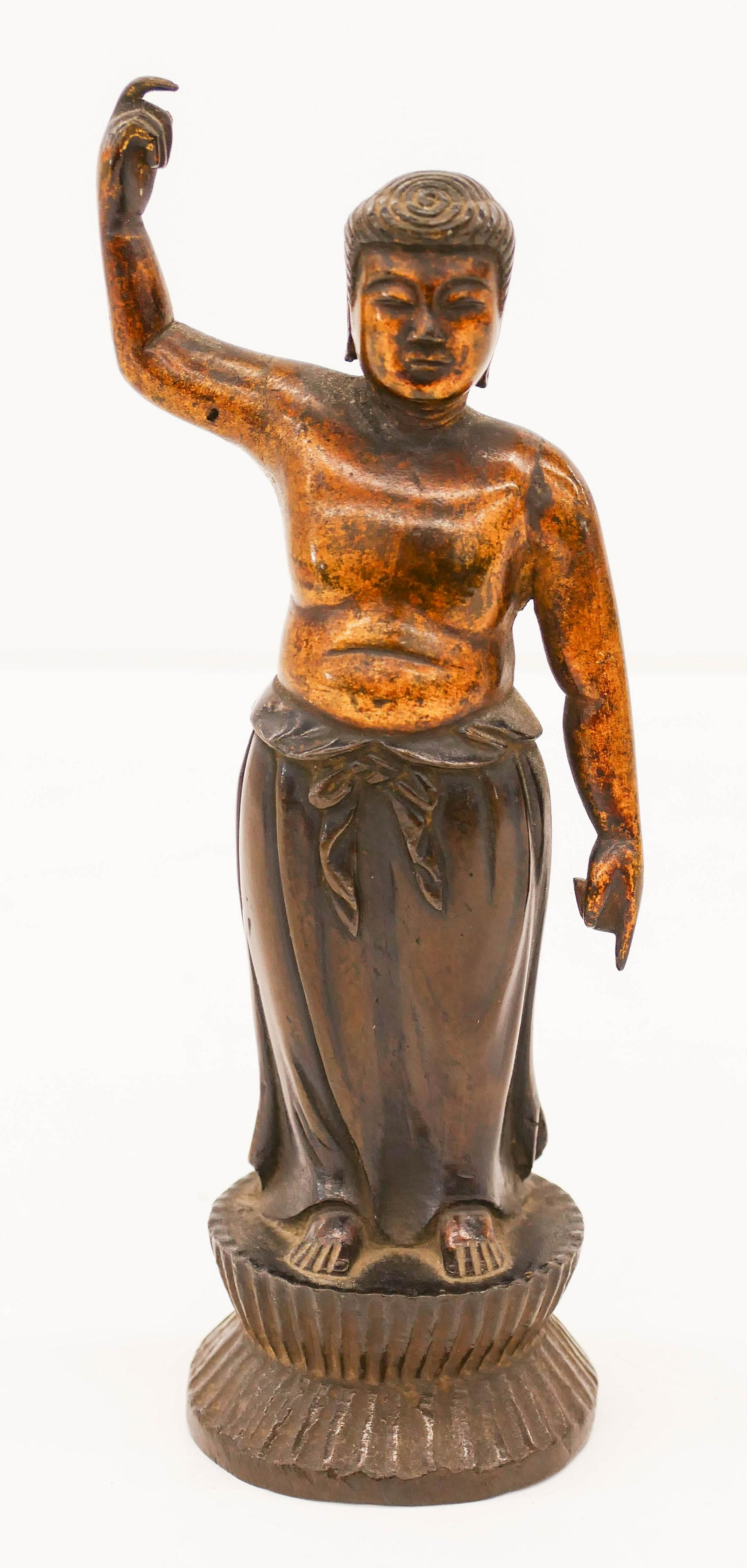 Japanese Edo Gilt Bronze Tanjobutsu Standing Buddha: Japanese Edo Gilt Bronze Tanjobutsu Standing Buddha 7.5''x3''. A parcel gilt bronze figure of shaka buddha at birth. 18th century or earlier. Collection of W. Gordon Menzies, Seattle.