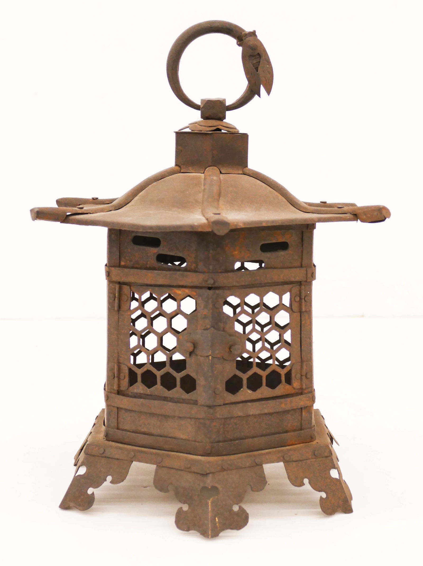 Japanese Edo Iron Lantern with Cicada 13''x9'': Japanese Edo Iron Lantern with Cicada 13''x9''. A pierced door hanging lantern with applied cicada insect on ring. Some scattered light surface wear from age. 18th or 19th century. Collection of W. Go