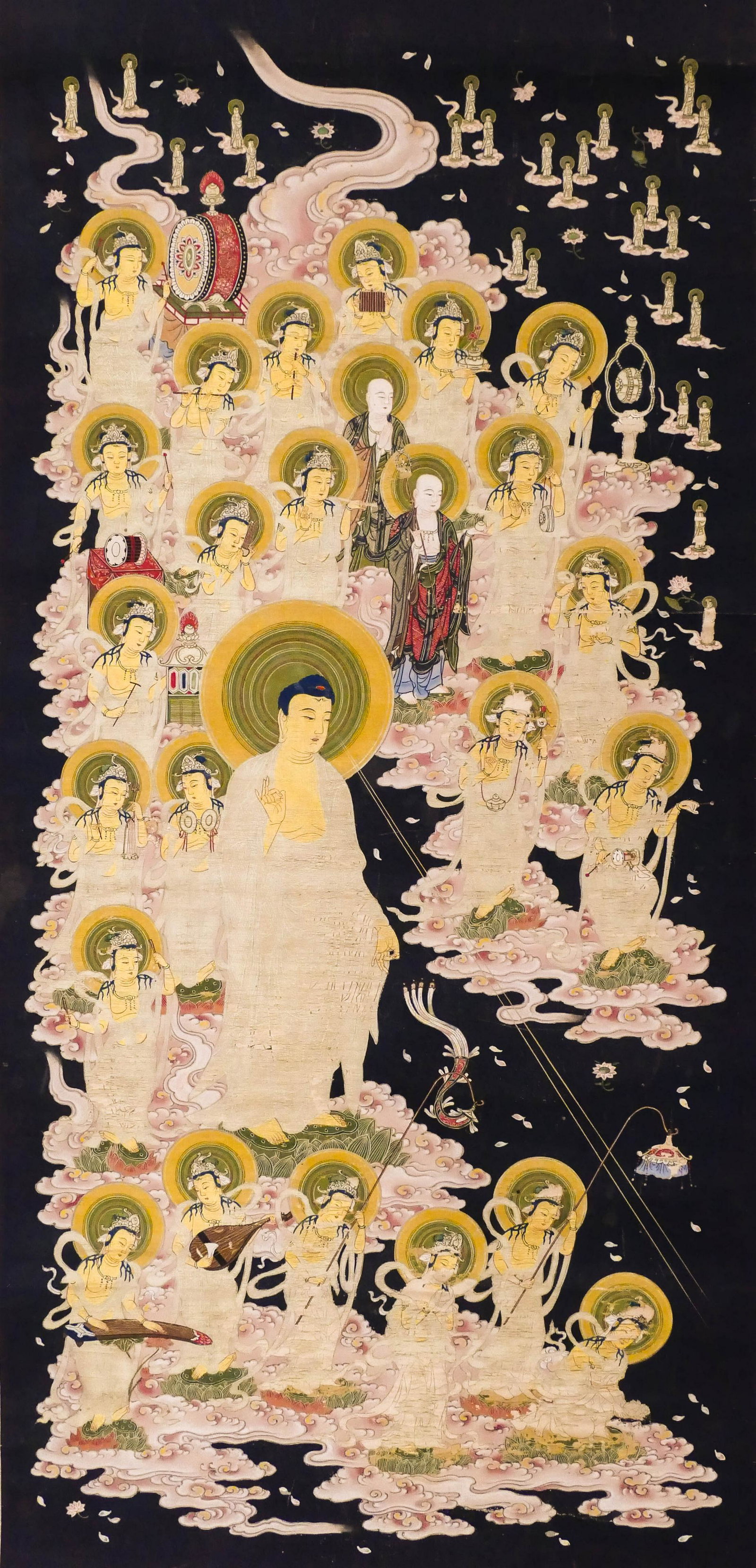 Japanese Edo ''Welcoming Descent of Amida'' Buddhist: Japanese Edo ''Welcoming Descent of Amida and Twenty-Five Bodhisattvas'' Buddhist Scroll Painting 24.25''x11.25'' Image. A fine polychrome and gilt ink on silk intricately executed scroll painting. Mo