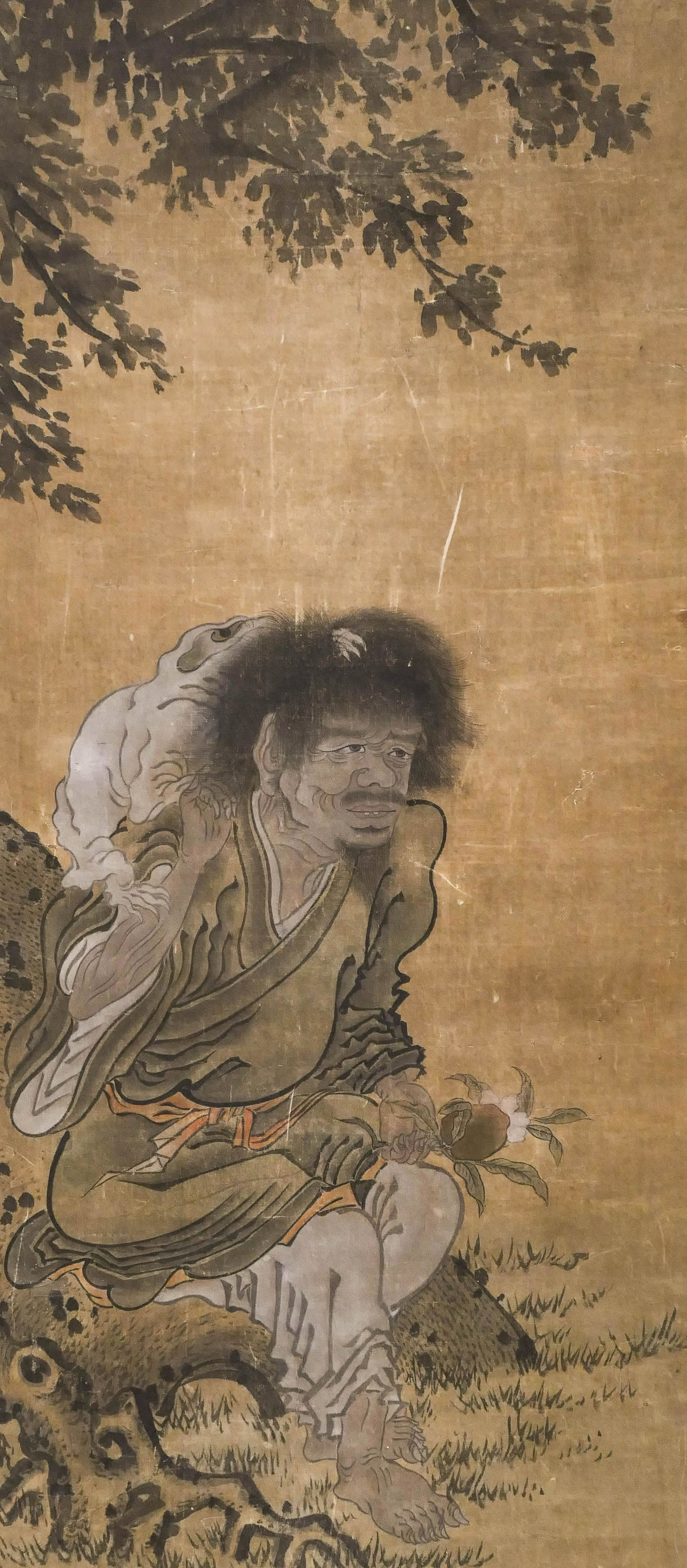 Japanese Meiji Scroll Painting of Liu Hai: Japanese Meiji Scroll Painting of Liu Hai 34''x15.25'' Image. An ink and watercolor on silk scroll painting of Liu Haichan, the 10th century Daoist immortal. Unsigned. Mounted size 68''x20''. One smal