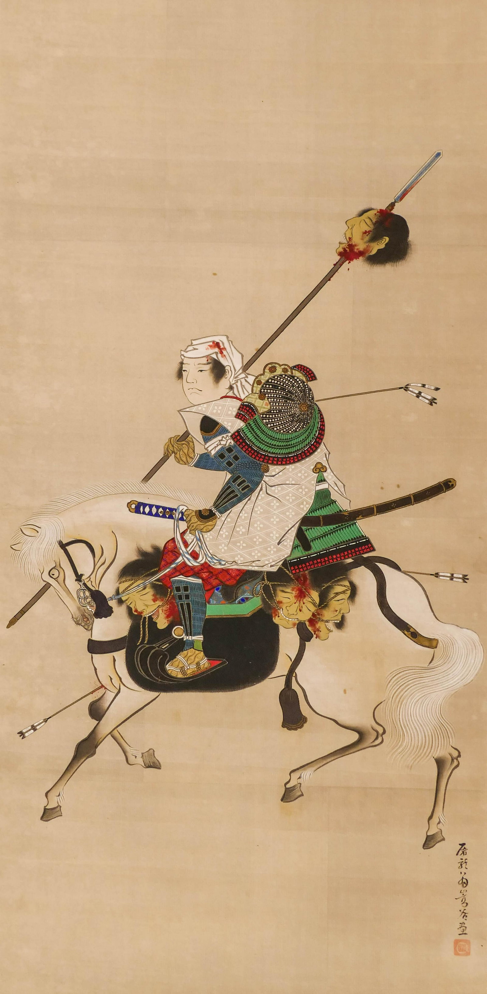 Japanese Meiji Samurai on Horseback Scroll Painting: Japanese Meiji Samurai on Horseback Scroll Painting 48.5''x19.75'' Image. An ink and watercolor on silk scroll painting of a samurai warrior on horseback with severed heads. Signed with calligraphy an