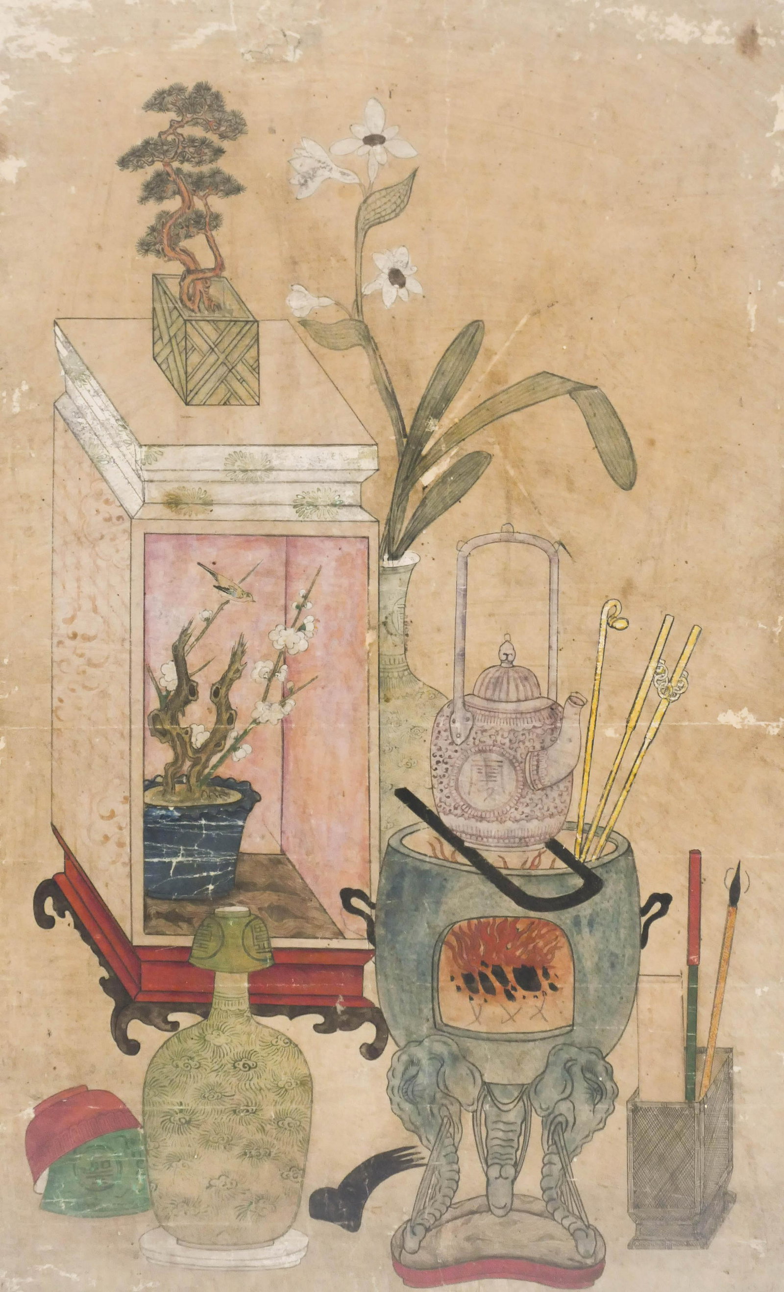Korean Joseon Scholarly Objects Watercolor Painting: Korean Joseon Scholarly Objects Watercolor Painting 23''x14'' Image. An ink and watercolor on paper painting of various scholarly desk objects. Unsigned. Some scattered edge loss and repairs from remo