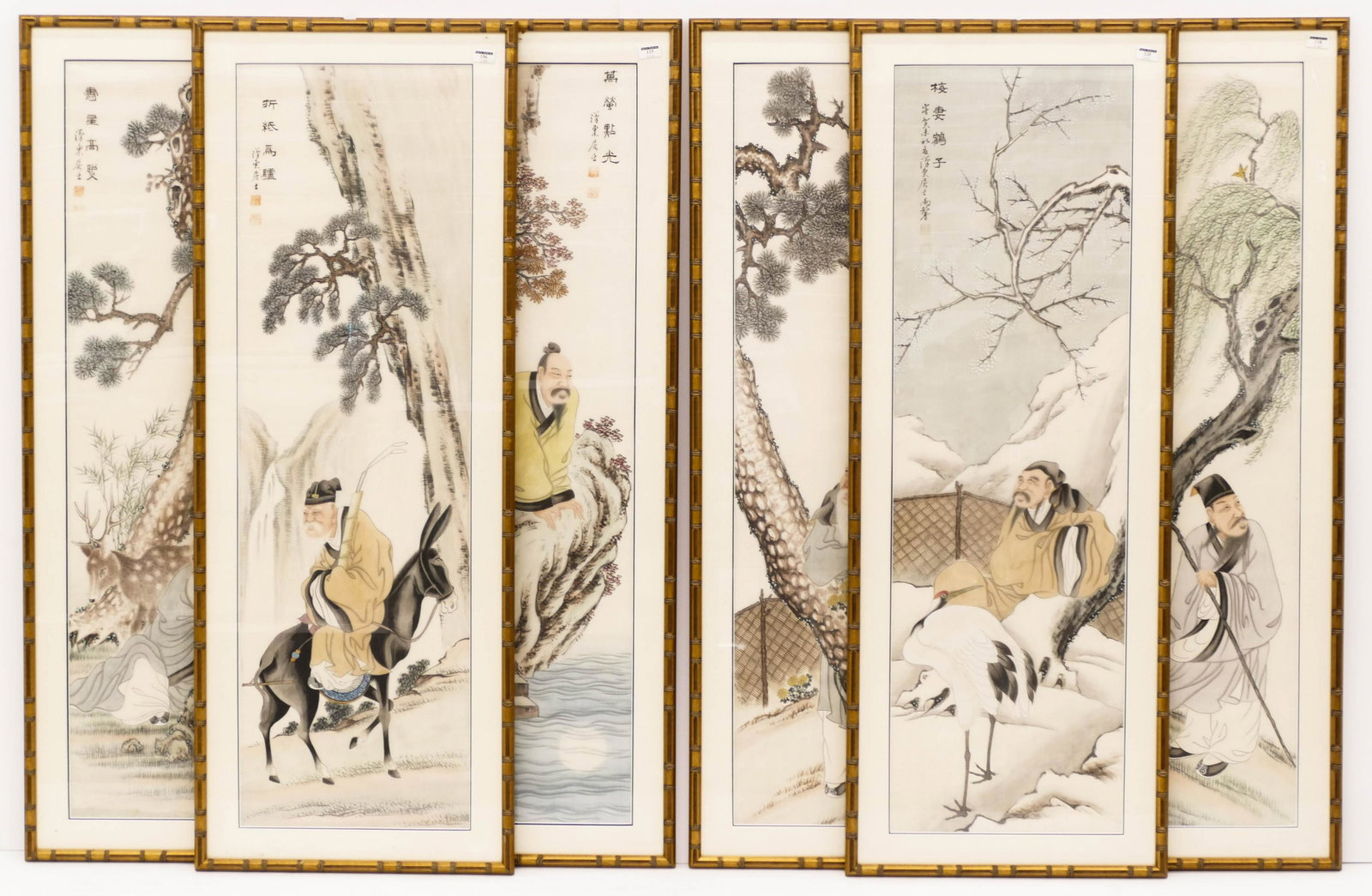 Suite of Six Han Dong Scholar in Landscape Scrolls: Suite of Six Han Dong (20th Cent.) Scholar in Landscape Scroll Paintings 43.5''x13'' Sight. A suite of watercolor and ink on silk scroll paintings of immortals and scholars in landscape. Signed upper 