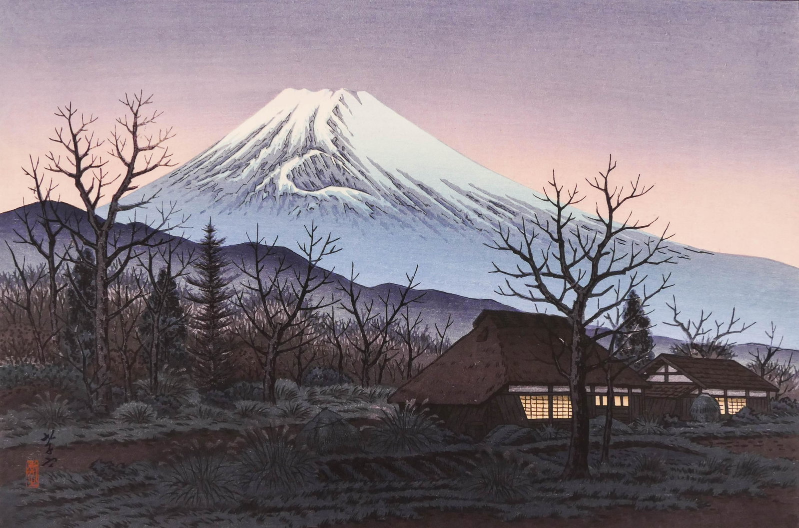 Takashi Ito ''Sunset Glow at the Skirt of Mt. Fuji'': Takashi Ito ''Sunset Glow at the Skirt of Mt. Fuji'' Woodblock Print 10.5''x15.25'' Sheet. Oban size print with 6mm Watanabe seal lower right image. Full margins with strong colors. Excellent conditio