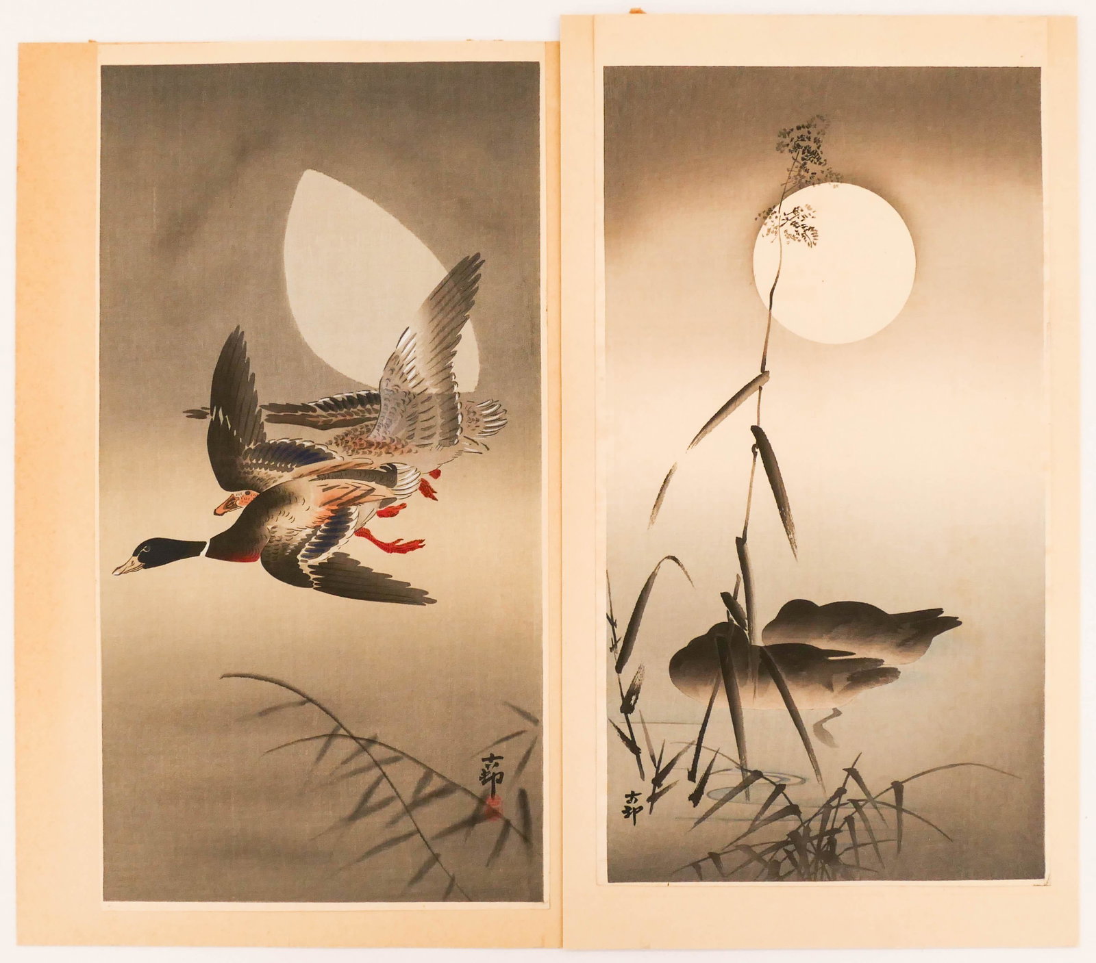 2pc Ohara Koson Japanese Woodblock Prints: 2pc Ohara Koson Japanese Woodblock Prints 14.5''x7.5'' Sheets. Includes one of flying ducks and one of silhouetted ducks with moon. Tip mounted to boards. Full margins with strong colors. Estate of Ma