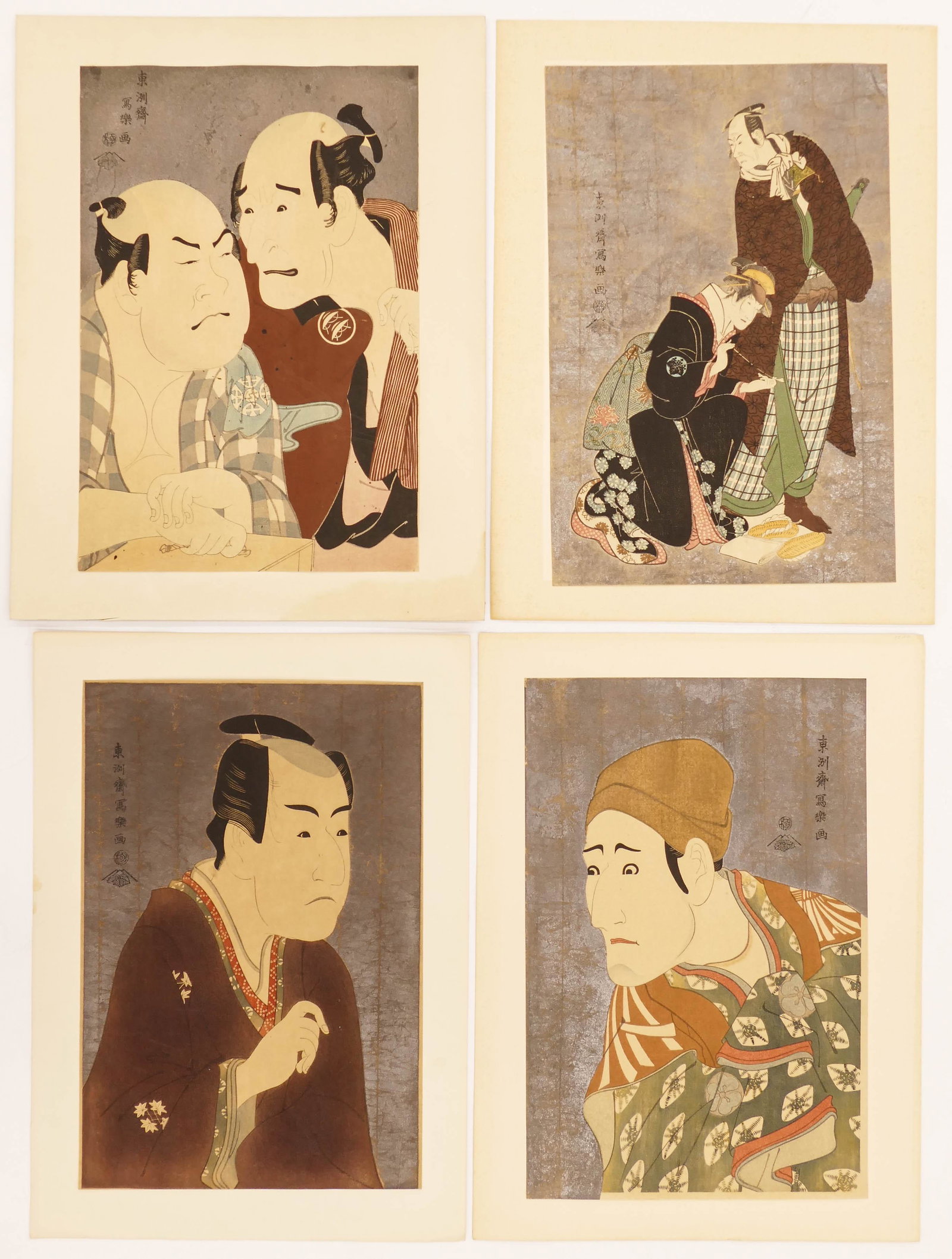 4pc Toshusai Sharaku Japanese Actor Woodblock Prints: 4pc Toshusai Sharaku Japanese Actor Woodblock Prints 15''x10'' Each Approx. Includes four silver foil background prints. Tipped in to top corners. Matted sizes 18''x14''. Overall strong colors. 19th c