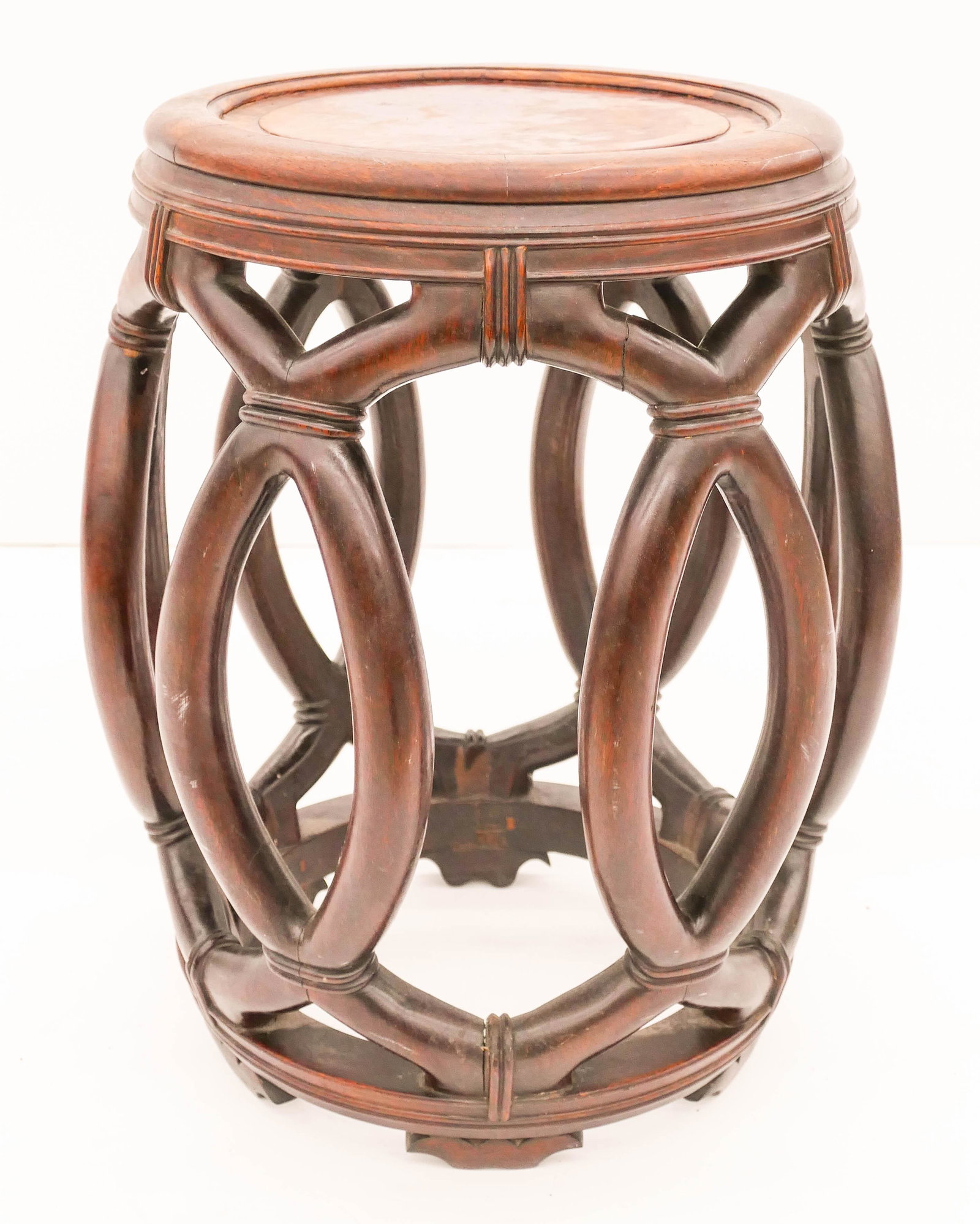 Chinese Qing Rosewood Drum Stool 19''x16'': Chinese Qing Rosewood Drum Stool 19''x16''. A carved pierced leg rosewood stool with burlwood top. Some surface wear from age. 19th century. Collection of W. Gordon Menzies, Seattle.