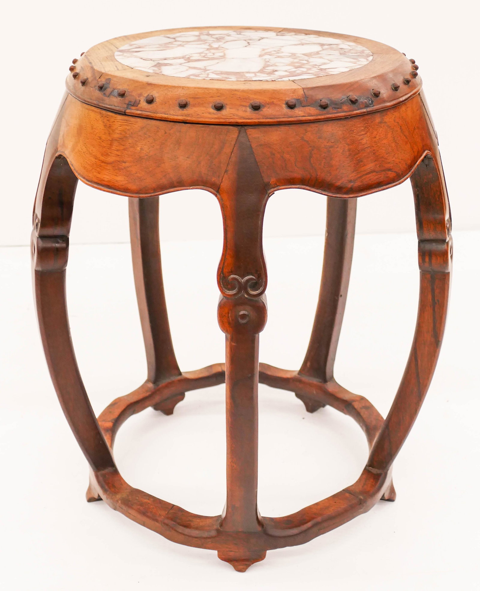 Chinese Qing Rosewood Drum Stool with Dream Stone: Chinese Qing Rosewood Drum Stool with Dream Stone 19''x16''. A carved rosewood stool with red marble dream stop top. Some scattered surface wear and old repairs from age. 19th century. Collection of W