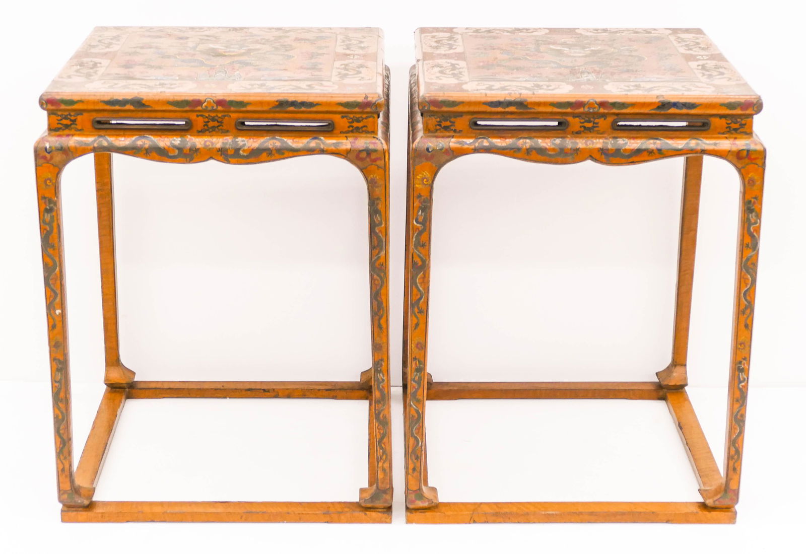 Pair Chinese Imperial Dragon Lacquered Square Tables: Pair Chinese Imperial Dragon Lacquered Square Tables 33''x24.5''x24.5''. A pair of yellow ground imperial style lacquered game tables with polychrome five-clawed dragon motifs. Each has inscription la