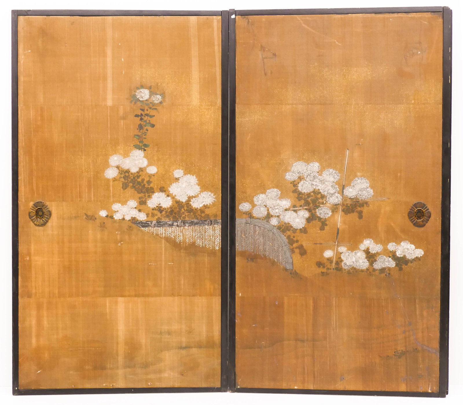 Pair Japanese Edo Painted Fusuma Doors 68''x38'': Pair Japanese Edo Painted Fusuma Doors 68''x38''. An early pair of gold ground relief painted sliding doors with chrysanthemum motifs. Scattered old repairs from age. 18th or early 19th century. (MS4)