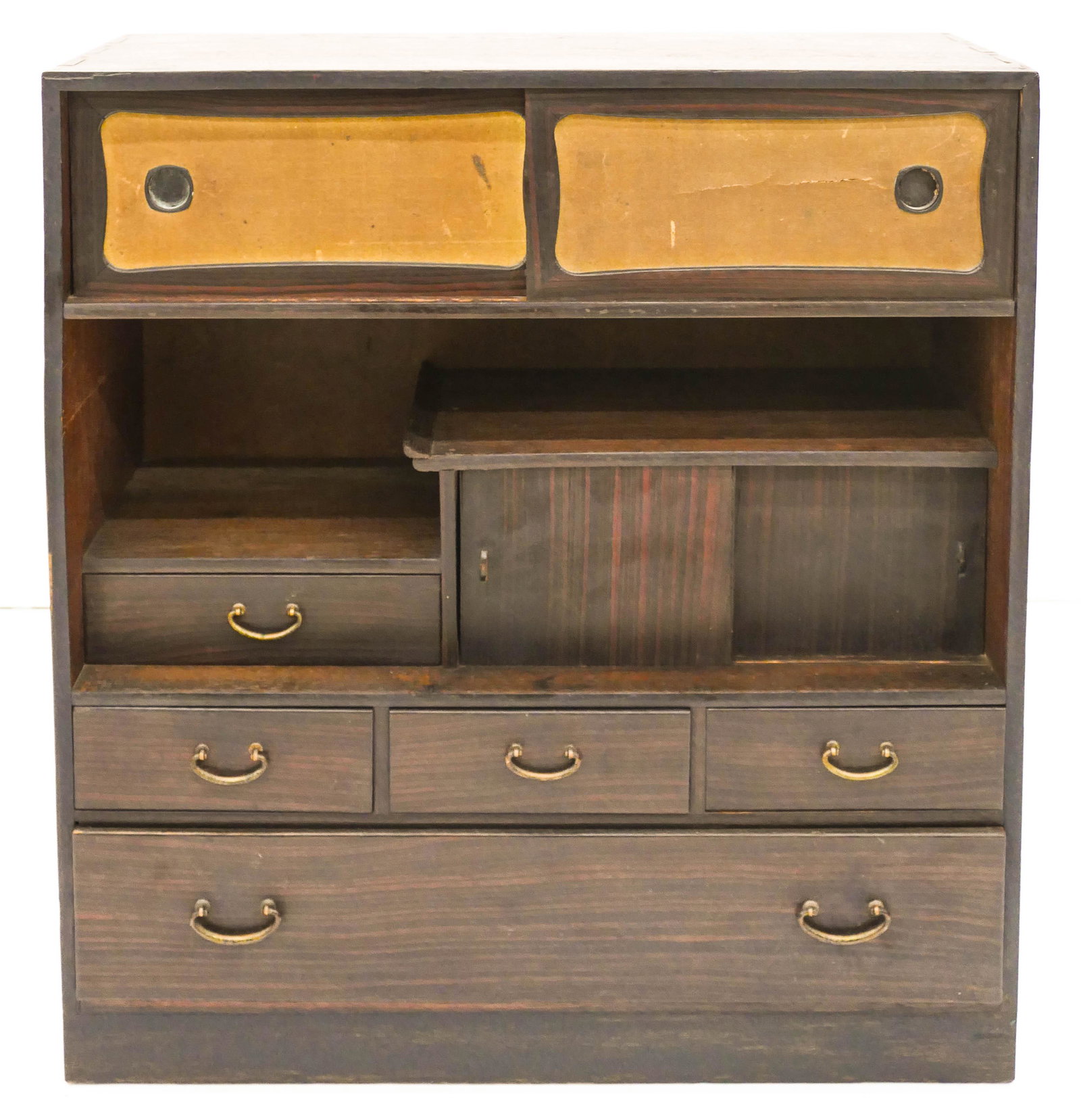 Japanese Meiji Cha Dansu Tea Tansu Dark Chest: Japanese Meiji Cha Dansu Tea Tansu Dark Chest 24''x22''x9.5''. A dark wood small chest with sliding doors and five drawers. Some scattered wear from age. 19th century.