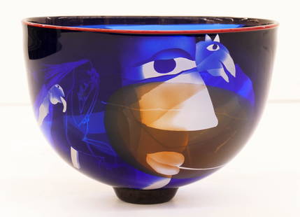 Ann Wolff Goddess Bowl 1980's Blown Glass: Ann Wolff (b.1937 German) Goddess Bowl 1980's Blown Glass 6''x8.5''. A blue sandblasted and carved glass bowl with various floating figures and bird. Signed on side with ''W.18.7/5.3'' inventory, blow