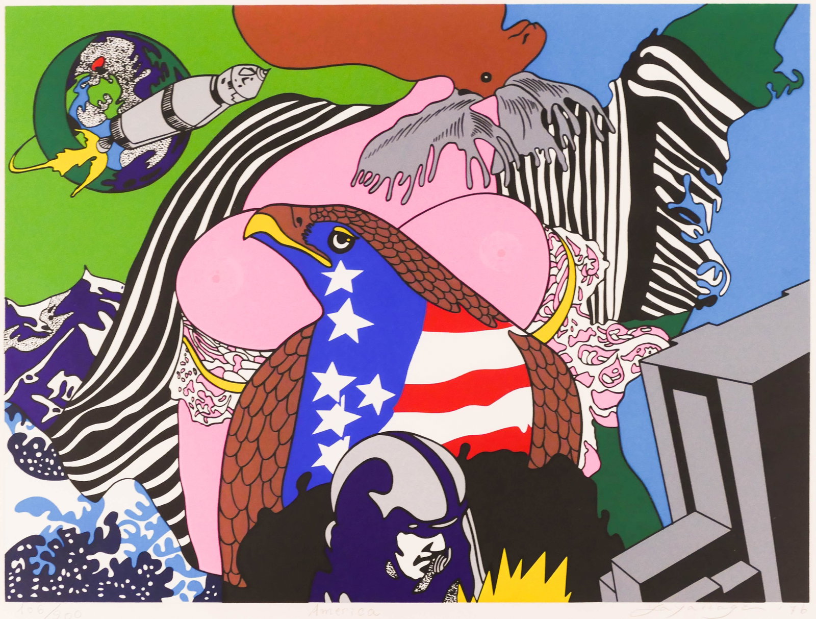 Tsuyoshi Yayanagi ''America'' 1976 Screenprint: Tsuyoshi Yayanagi (b.1933 Japanese) ''America'' 1976 Screenprint 13''x16.5'' Sight. A colorful pop art print. Pencil signed and numbered 106 of 200 edition lower margin. Framed 18''x21''. Excellent co