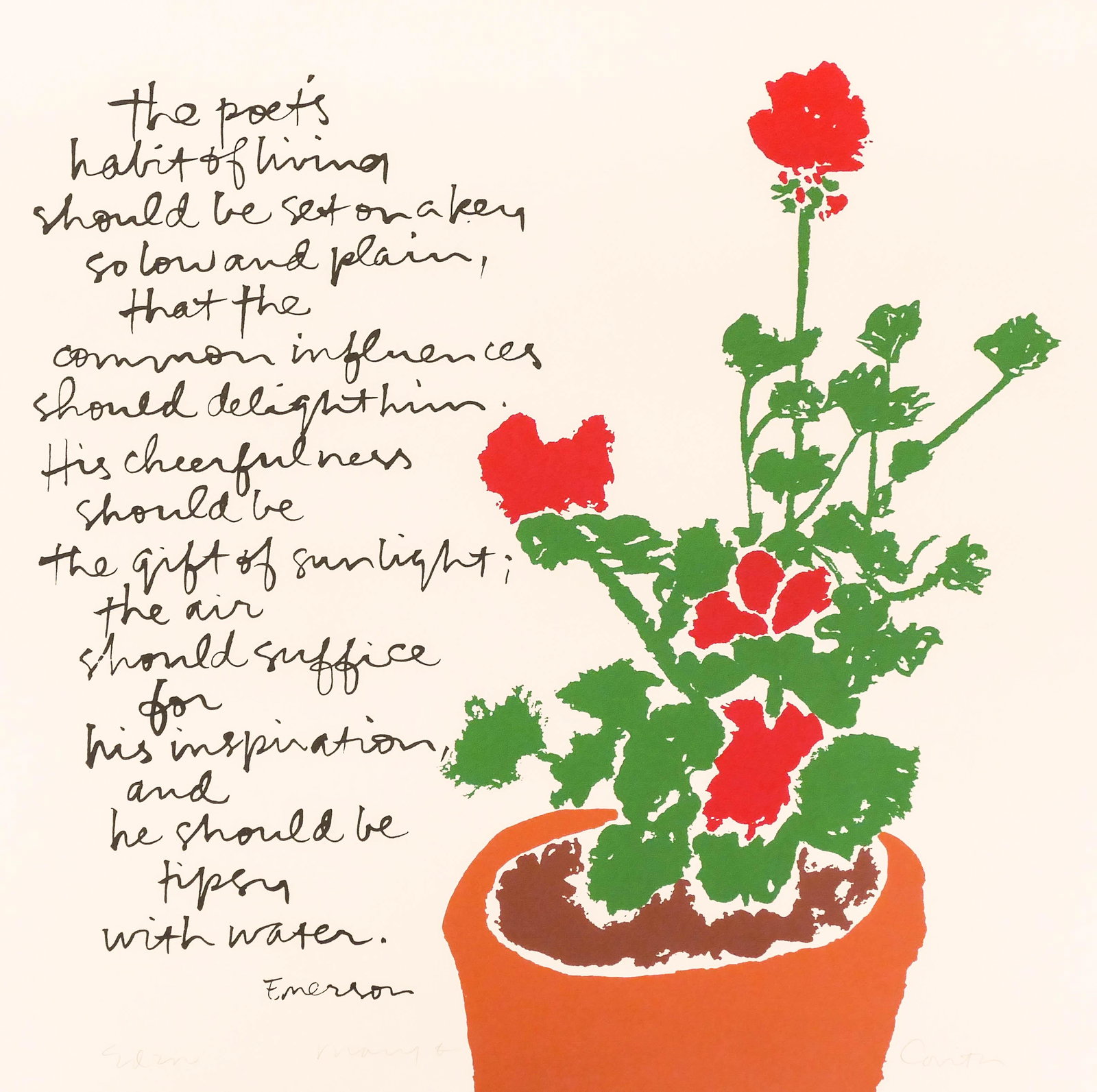 Sister Mary Corita Kent ''The Poet's Habit'': Sister Mary Corita Kent (1918-1986 American) ''The Poet's Habit'' Screenprint 20''x20'' Image. Pencil signed and numbered Edition 200. Framed 20.25''x20.25''. Excellent condition with strong colors.