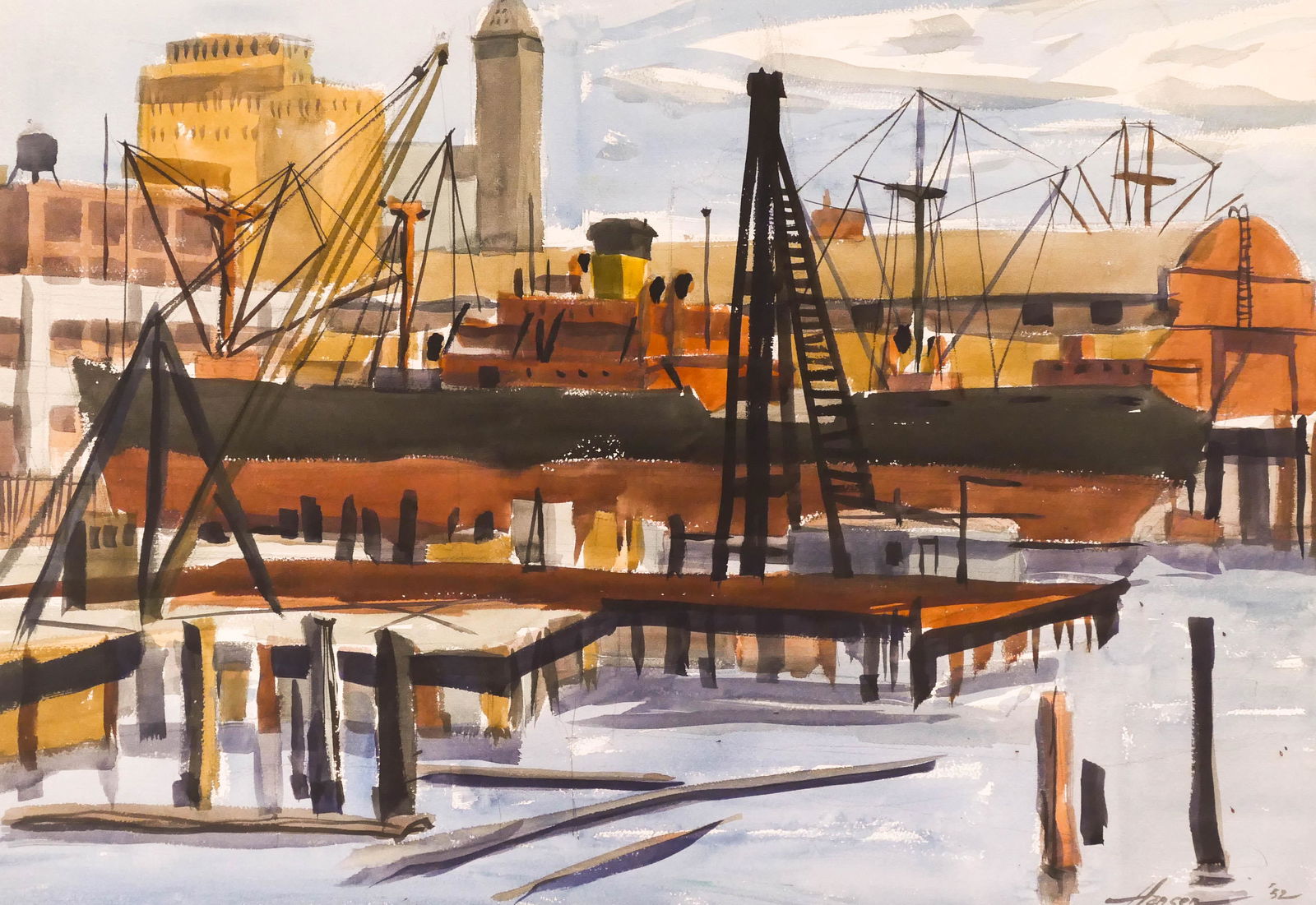 Art Hansen ''Seattle Harbor'' 1952 Watercolor on Paper (1 of 2)