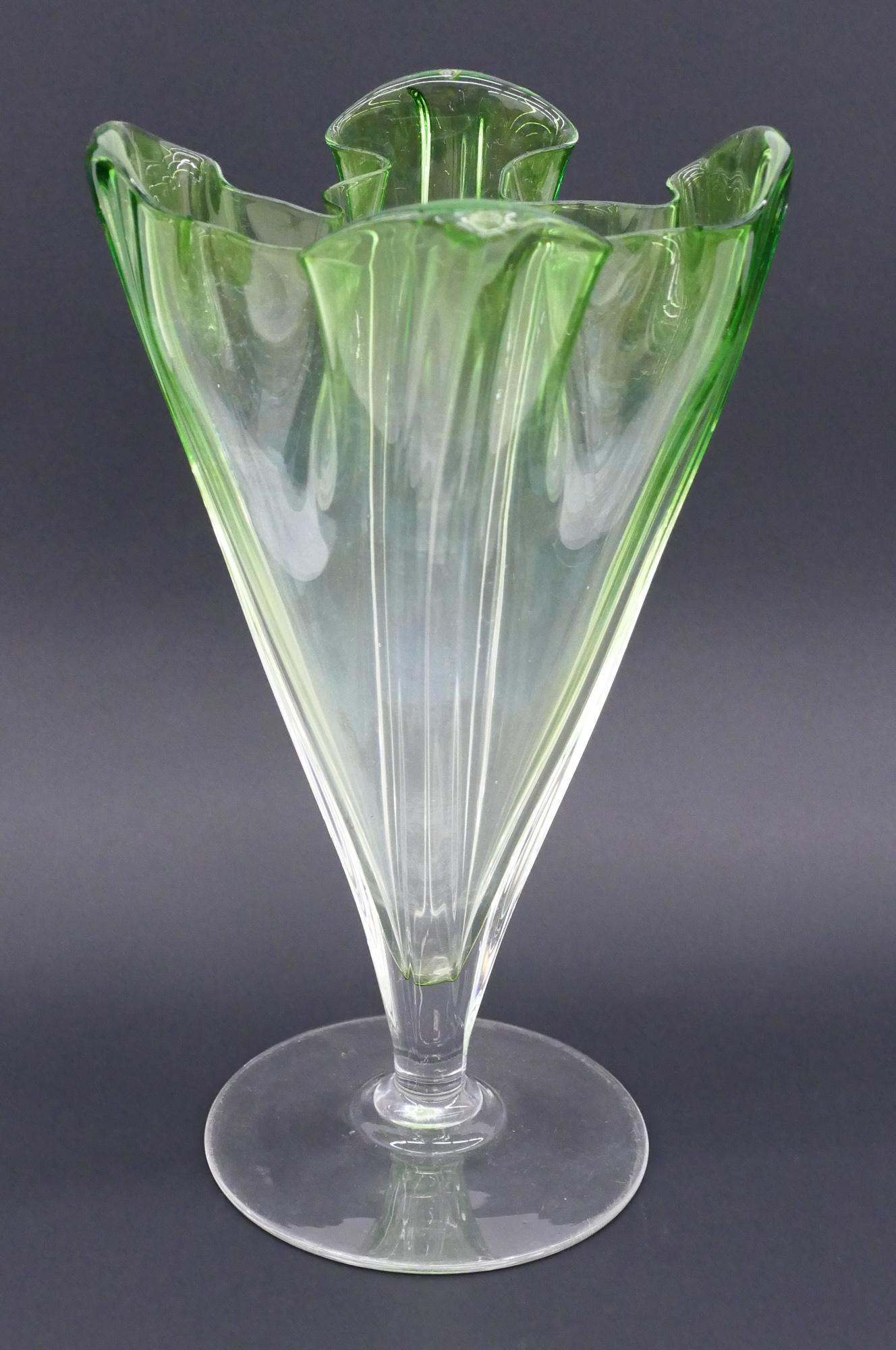 Steuben Grotesque Green Ruffled Glass Vase: Steuben Grotesque Green Ruffled Glass Vase 9.25''x4.5''. Unmarked. Some scratching to bottom of vase.
