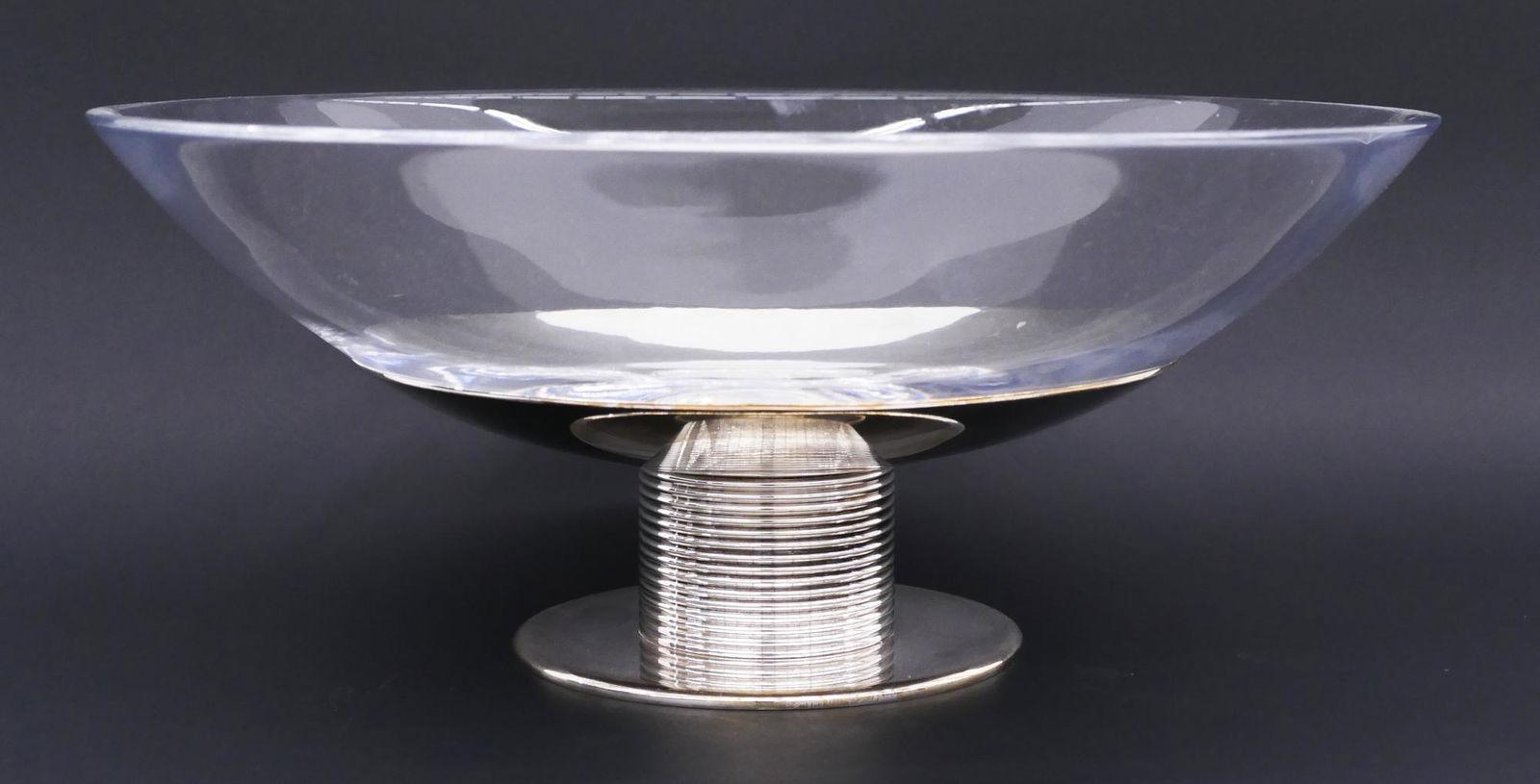 Christofle K+T Crystal Centerpiece Bowl: Christofle K+T Crystal Centerpiece Bowl 5''x11.75''. A contemporary silverplate with crystal insert bowl. Marked on bottom. Excellent condition, no box. $1,200 retail value.