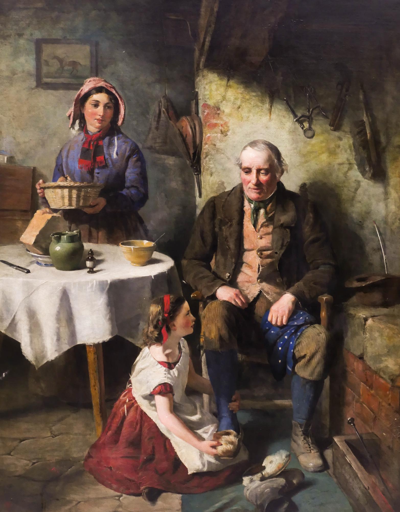 John Wells Smith ''Grandfather's Slippers'' Oil: John Wells Smith (fl.1870-1875 English) ''Grandfather's Slippers'' Oil on Canvas 36''x28'' Image. Impressive genre scene depicting interior with family and table still life. Signed with cipher l.l. an