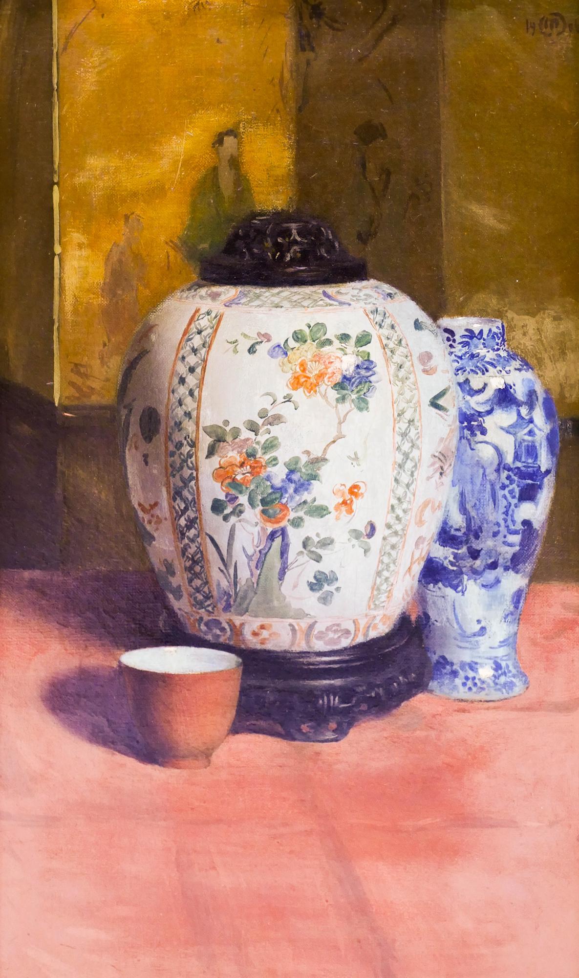 Hermann Dudley Murphy ''Kangxi Still Life'' 1906 Oil: Hermann Dudley Murphy (1867-1941 American) ''Kangxi Still Life'' 1906 Oil on Canvas 20''x12'' Image. Impressive still life of 18th century Chinese porcelain. Signed with cipher and dated upper right.