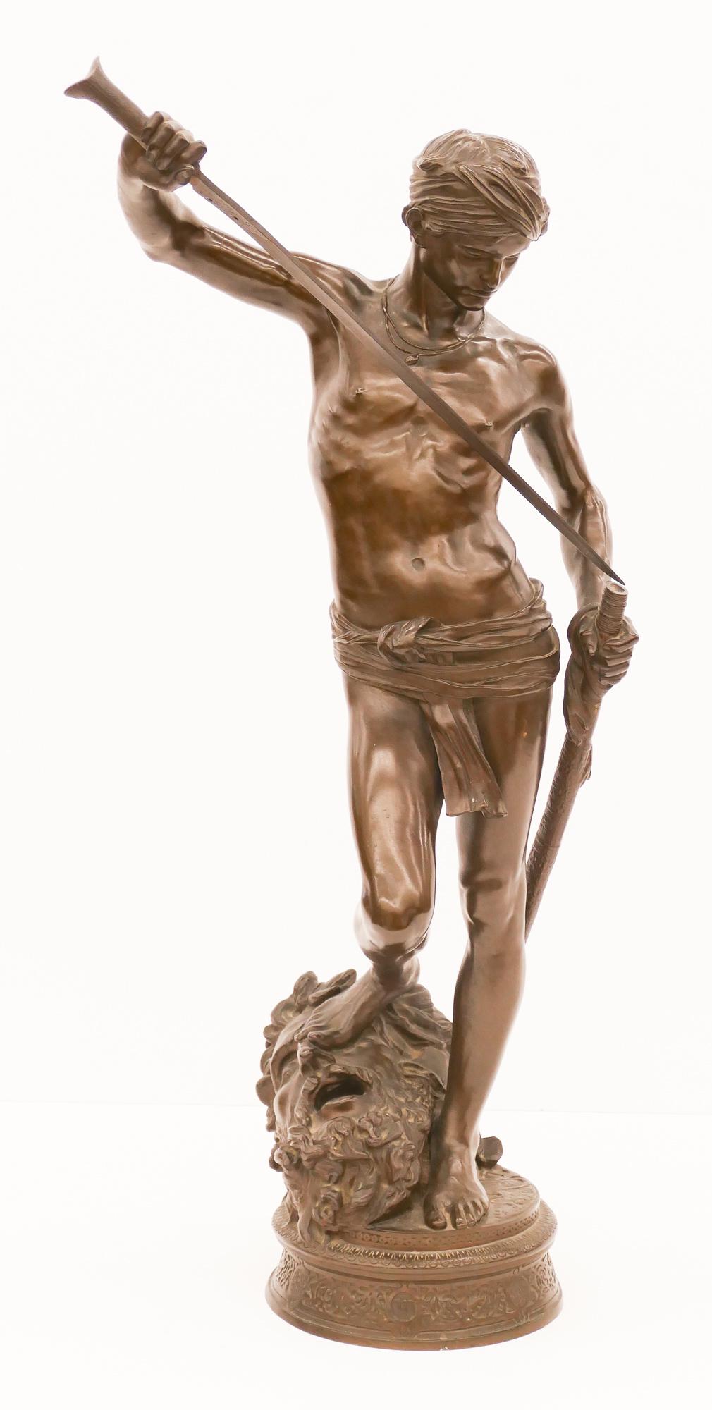 Antonin Mercie ''David the Conquerer'' Bronze Sculpture: Antonin Mercie (1845-1916 French) ''David the Conquerer'' Bronze Sculpture 36''x19''. Impressive large mythological bronze of young David conquering Goliath. Signed on base with A. Collas Reduction Me