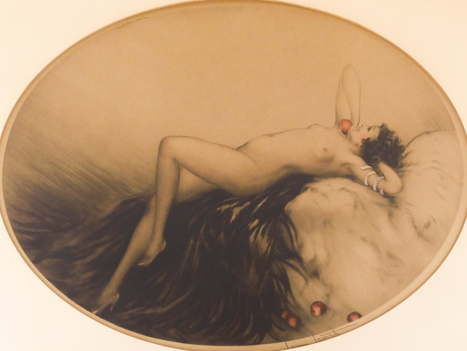 Louis Icart ''Eve'' 1928 Aquatint Etching: Louis Icart (1888-1950 French) ''Eve'' 1928 Aquatint Etching 13.25''x13.75'' Impression. An art deco reclining nude composition with apples. Signed in graphite l.r. with blindstamp l.l. Original frami