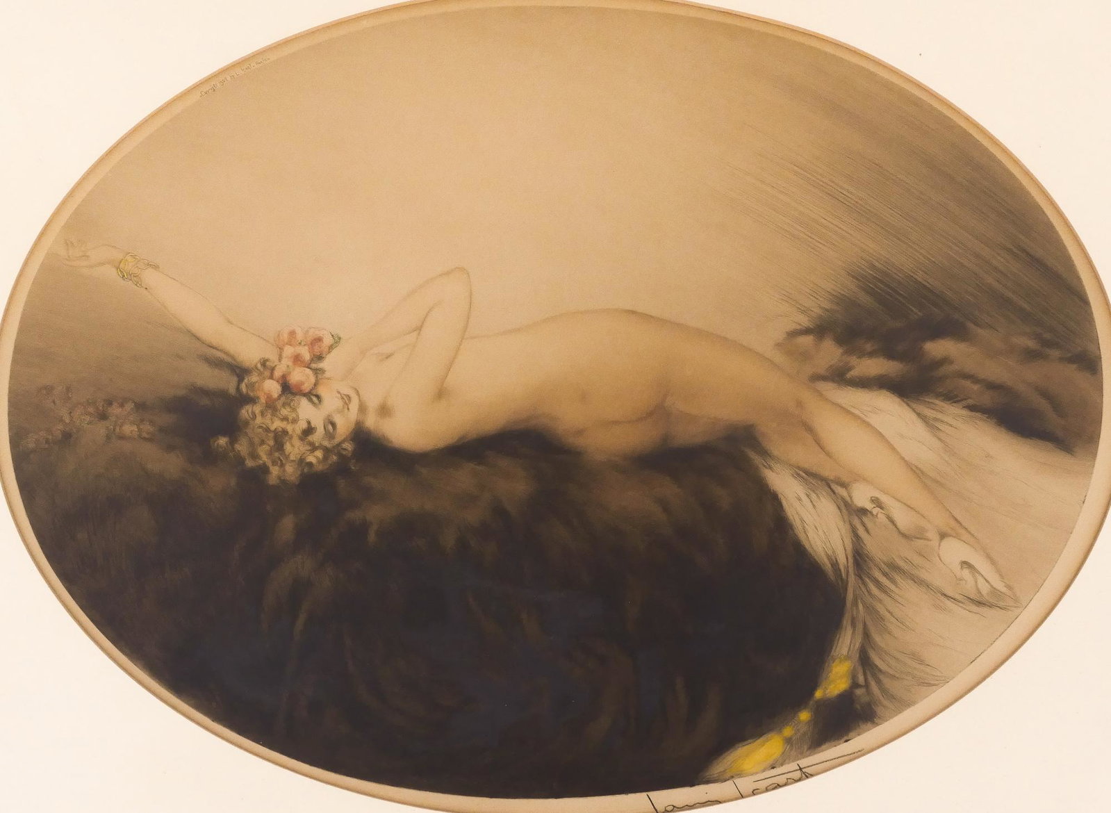 Louis Icart ''Venus'' 1928 Aquatint Etching: Louis Icart (1888-1950 French) ''Venus'' 1928 Aquatint Etching 13.25''x13.75'' Impression. An art deco reclining nude composition with apples. Signed in graphite l.r. with blindstamp l.l. Original fra