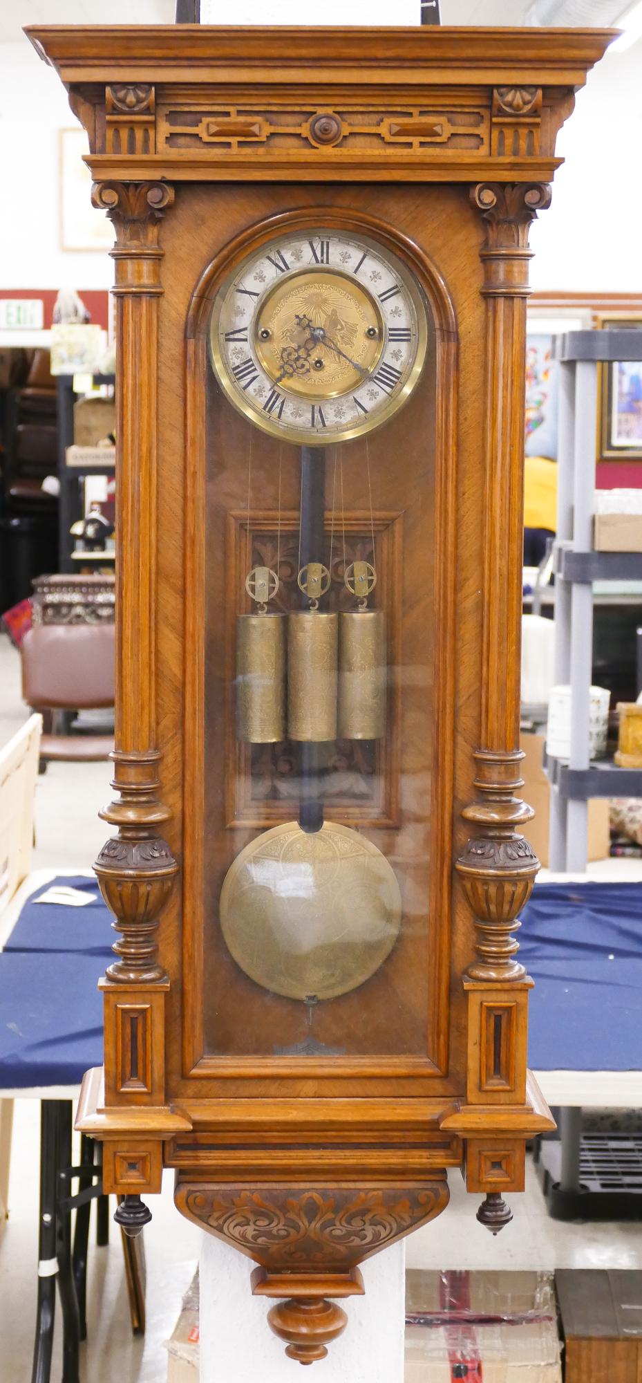 Antique Gebruder Resch Vienna Regulator Wall Clock: Antique Gebruder Resch Vienna Regulator Wall Clock 46''x18.5''x8''. Ornate carved walnut case three-weight grande sonnerie wall clock. Working order. 19th century.