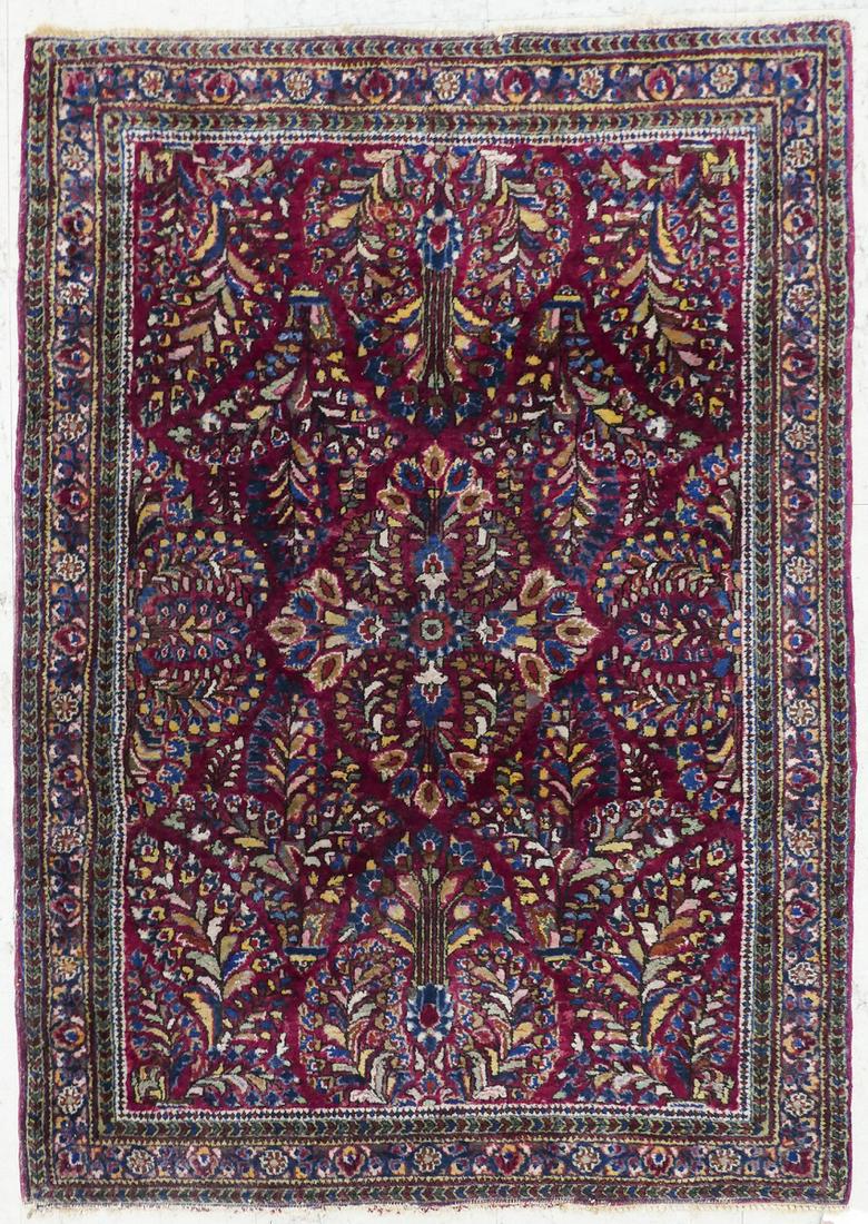 Semi Antique Persian Sarouk Oriental Rug 3'6''x4'10: Semi Antique Persian Sarouk Oriental Rug 3'6''x4'10''. Multi-colored floral rug. Scattered light wear from age.