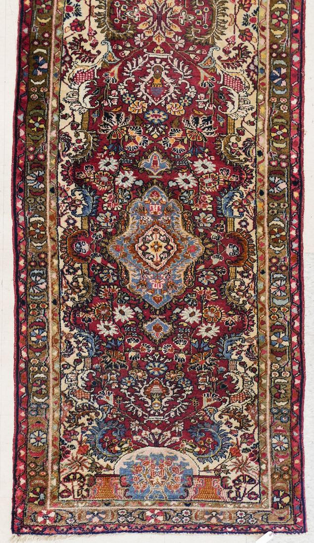 Semi Antique Persian Oriental Runner Rug 13'8''x3': Semi Antique Persian Oriental Runner Rug 13'8''x3'6''. A double medallion motif carpet. Some scattered areas of wear.