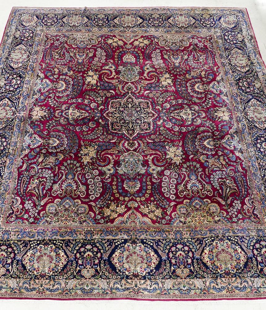 Semi Antique Kirman Persian Palace Rug 14: Semi Antique Kirman Persian Palace Rug 14'x15'4''. Impressive all-over floral motif with central medallion and peacock feathers. Overall excellent condition.