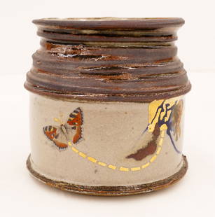 Robert Sperry ''Butterfly Jar'' Stoneware with Decal: Robert Sperry (1927-1998 Washington) ''Butterfly Jar'' Stoneware with Decal 6''x6.5''. Unusual wheel thrown jar with gold luster glazes and butterfly decal. Influenced by fellow potter Howard Kottler.