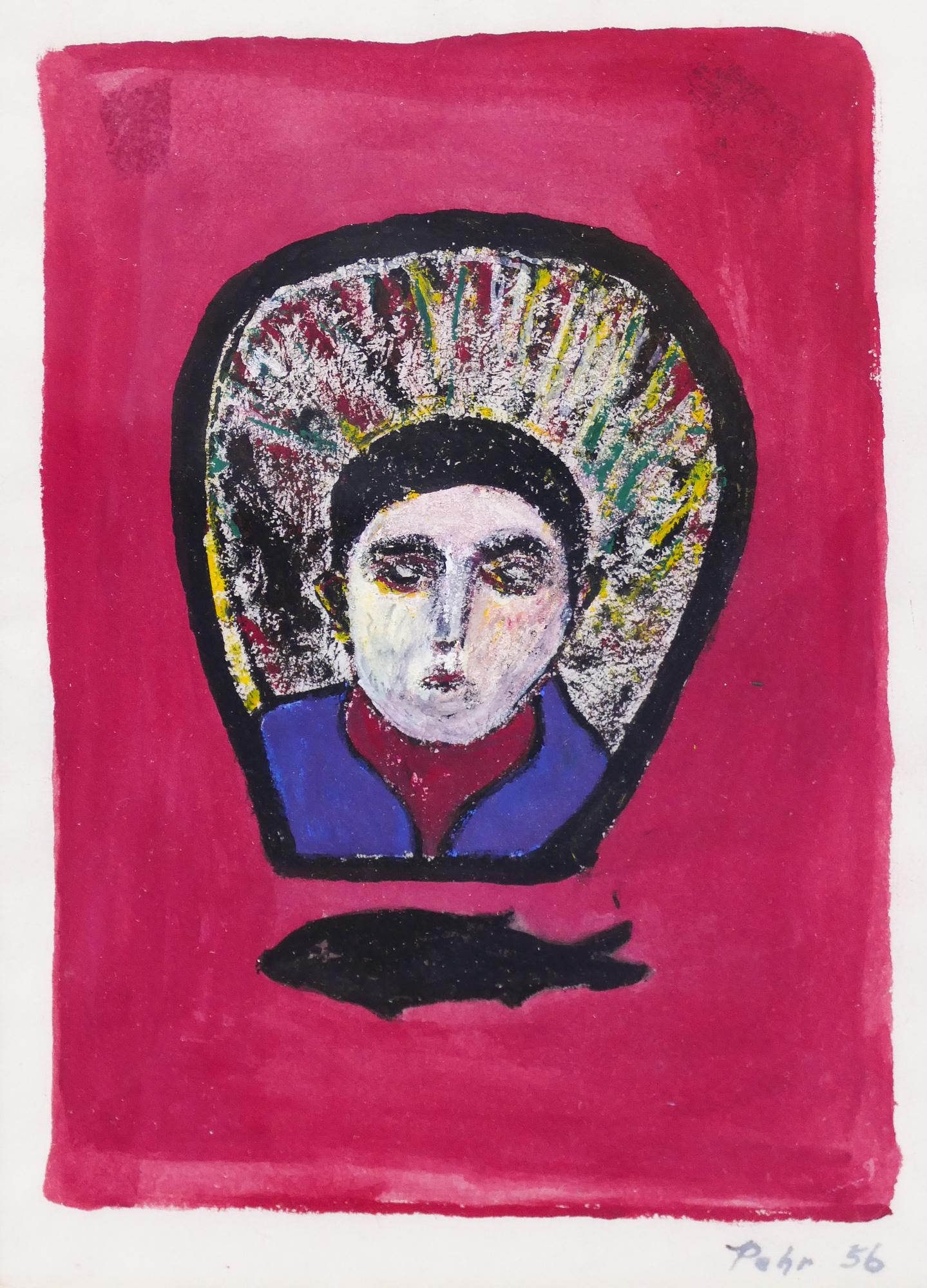 Pehr Hallsten ''Figure and Fish'' 1956 Tempera (1 of 2)