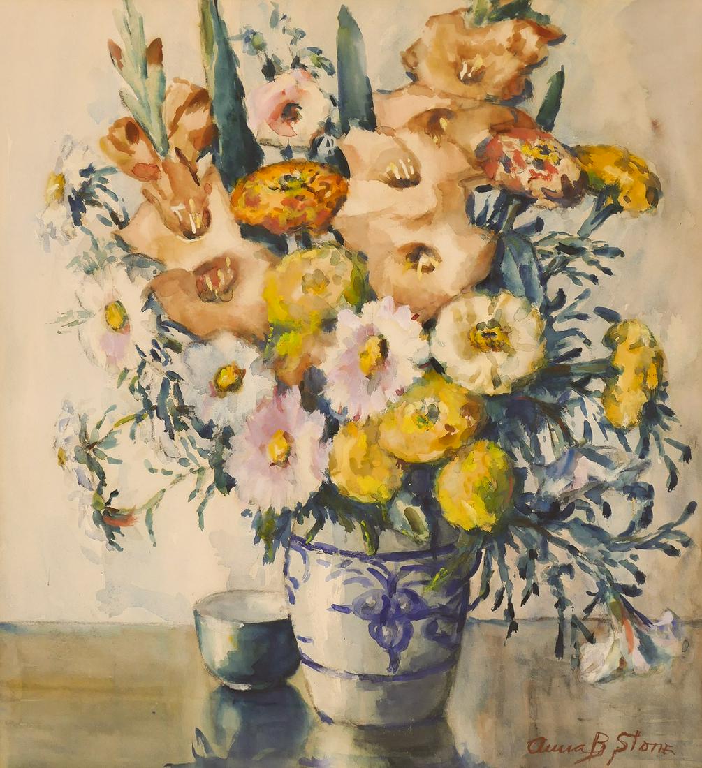 Anna Belle Stone ''Floral Still Life'' Watercolor: Anna Belle Stone (1874-1950 Washington) ''Floral Still Life'' Watercolor on Paper 22''x19.5'' Image. A colorful vase of flowers with cup. Signed l.r. Original framing 31.5''x27''. Overall excellent co