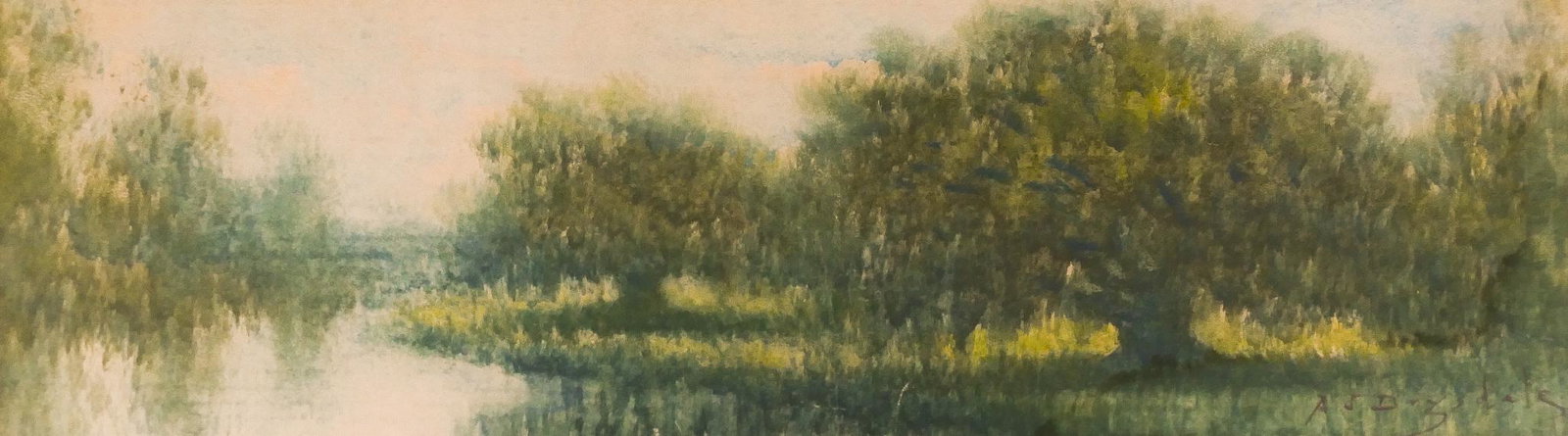 Alexander Drysdale ''Morning in Swamp'' Oil Wash: Alexander Drysdale (1870-1934 Louisiana) ''Morning in Swamp'' Oil Wash on Board 6''x20'' Sight. Signed l.r. Framed 9.5''x23''. Excellent condition. Not examined outside of framing.