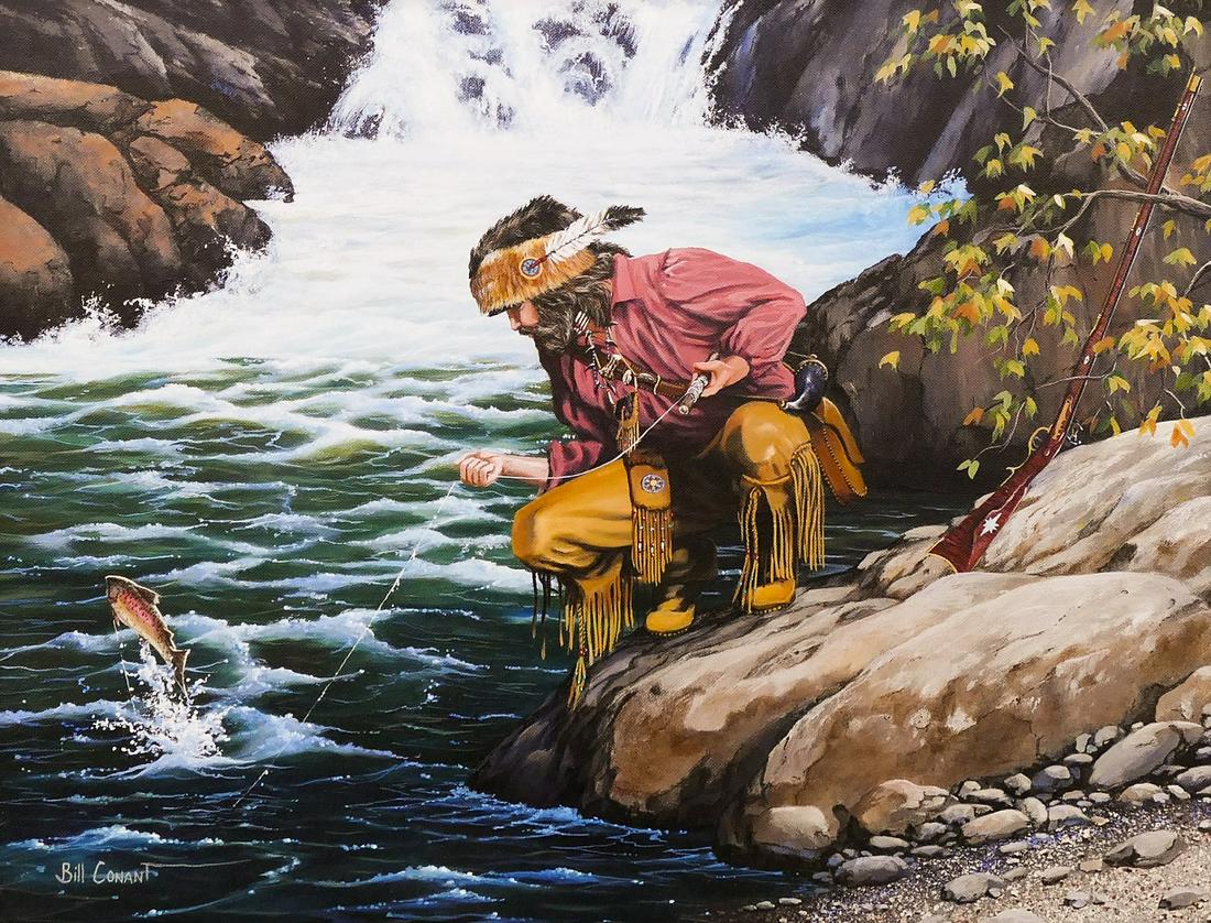 Bill Conant ''Trapper Fishing'' Acrylic on Canvas (1 of 2)