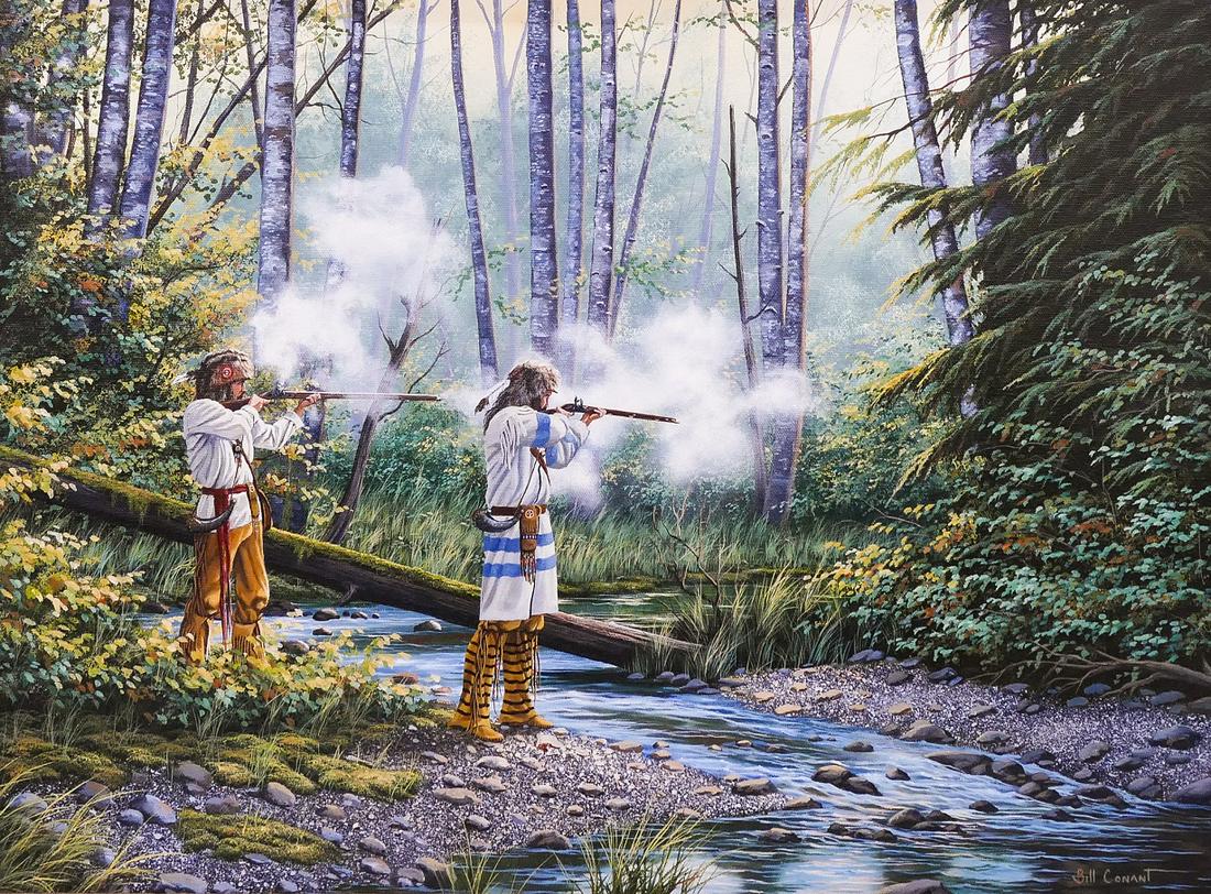 Bill Conant ''Shooting Trappers'' Acrylic on Canvas (1 of 2)