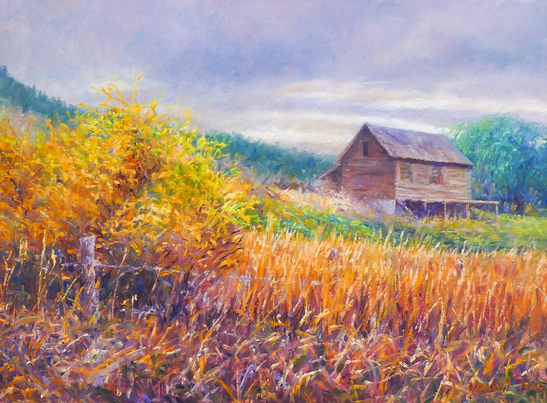 Rod Weagant ''Hill Creek'' 1988 Oil on Masonite: Rod Weagant (20/21st Cent. Washington) ''Hill Creek'' 1988 Oil on Masonite 18''x24'' Image. Colorful landscape composition. Signed l.r. Gallery framed 22.5''x28.5''. Excellent condition.