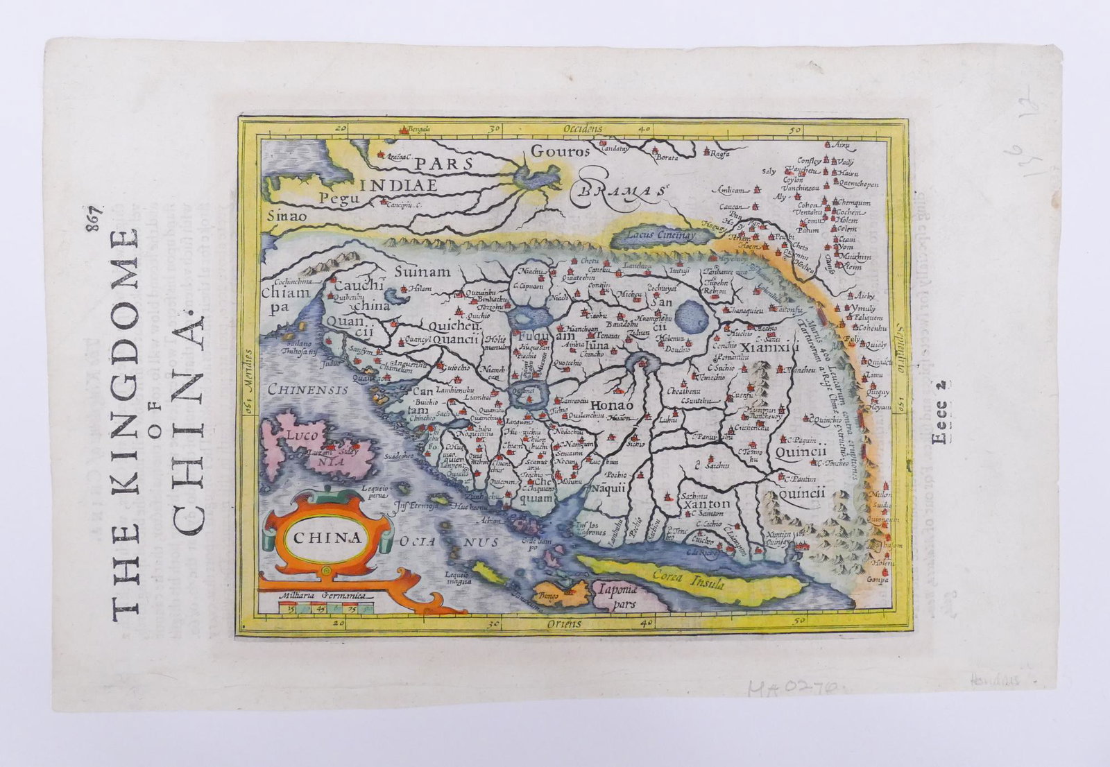 Hondius 'The Kingdome of China' Map. 1610: Jodocus & Henricus Hondius 'The Kingdome of China' Map. 1610. Copper engraving with later color. Impression measures 5.75 x 7.5'' on page measuring 7.25 x 11''. Purchased from Wattis Fine Art, Hong Ko