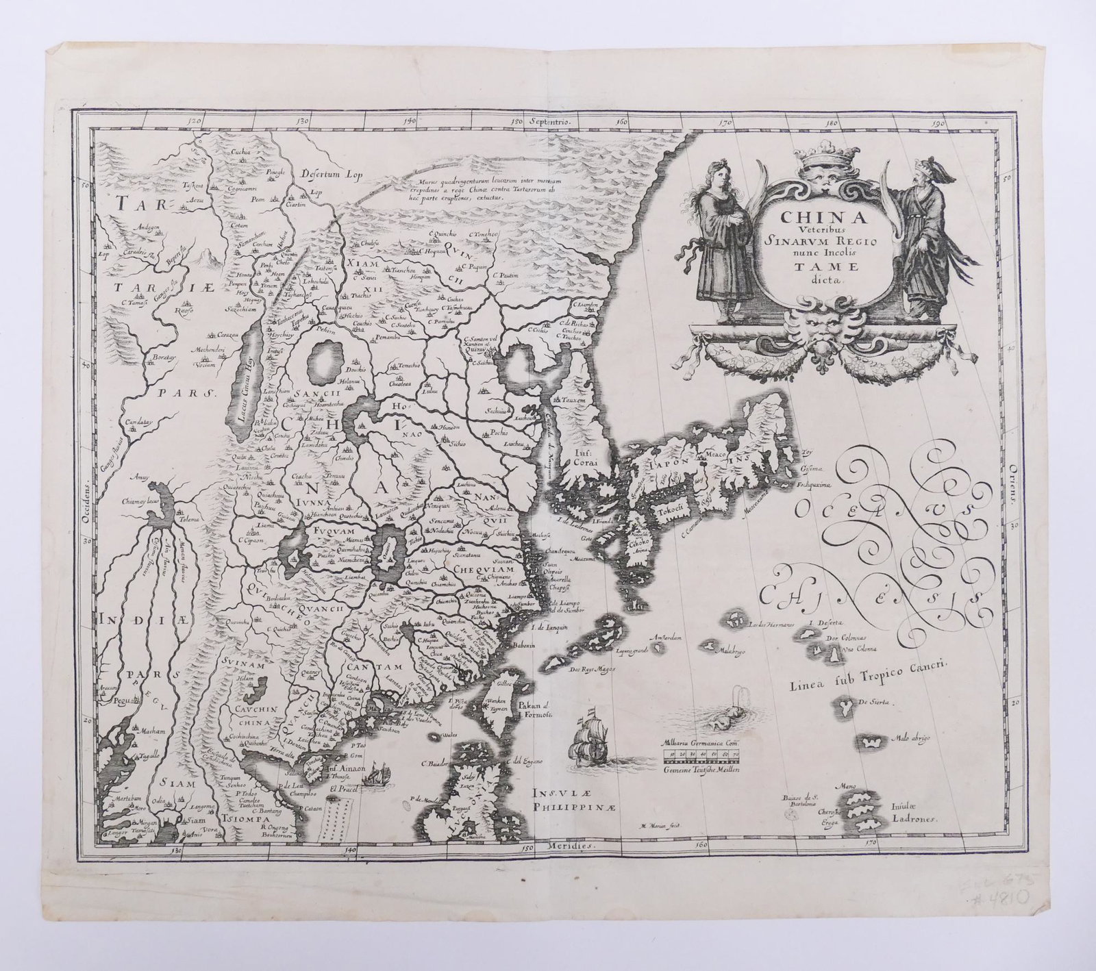 Matthaus Merian, 'China Veteribus' 1640: Matthaus Merian, 'China Veteribus Sinarum Regio numc Incolis Tame dicta'. Frankfurt, c. 1640. Image measures 10.75 x 13.5'' on 12.5 x 14'' sheet. B&W. Purchased from Richard Arkway in 2001. (158)