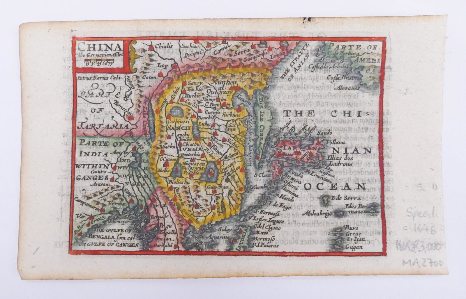 Speed/ van den Keere 'Pocket Atlas' Mini Map: John Speed/ Pieter van den Keere. 'Pocket Atlas' Miniature Map of China. 1646. Impression measures 3.5x5'' on approx 4x6.5'' sheet. Small holes in margins. (14)