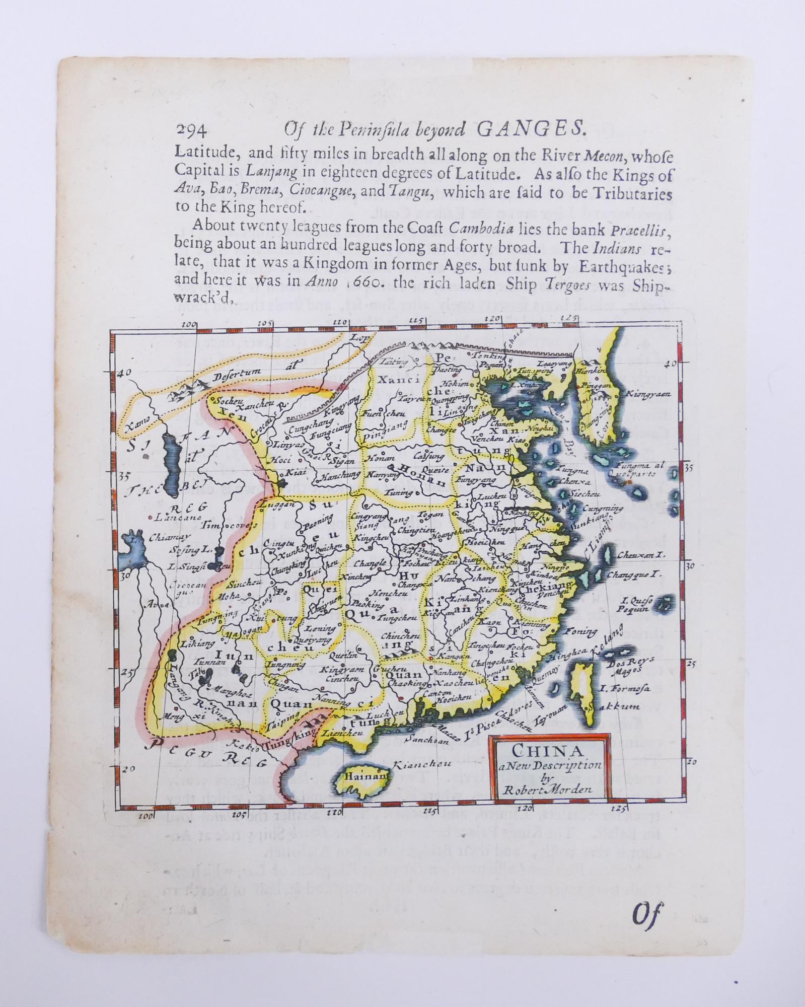 Robert Morden. China: a New Description. 1690: Robert Morden. China: a New Description. London, 1690. Impression measures 4.5x5'' on 8x6'' page. Foxing around edges, linen tape at top center.(10)