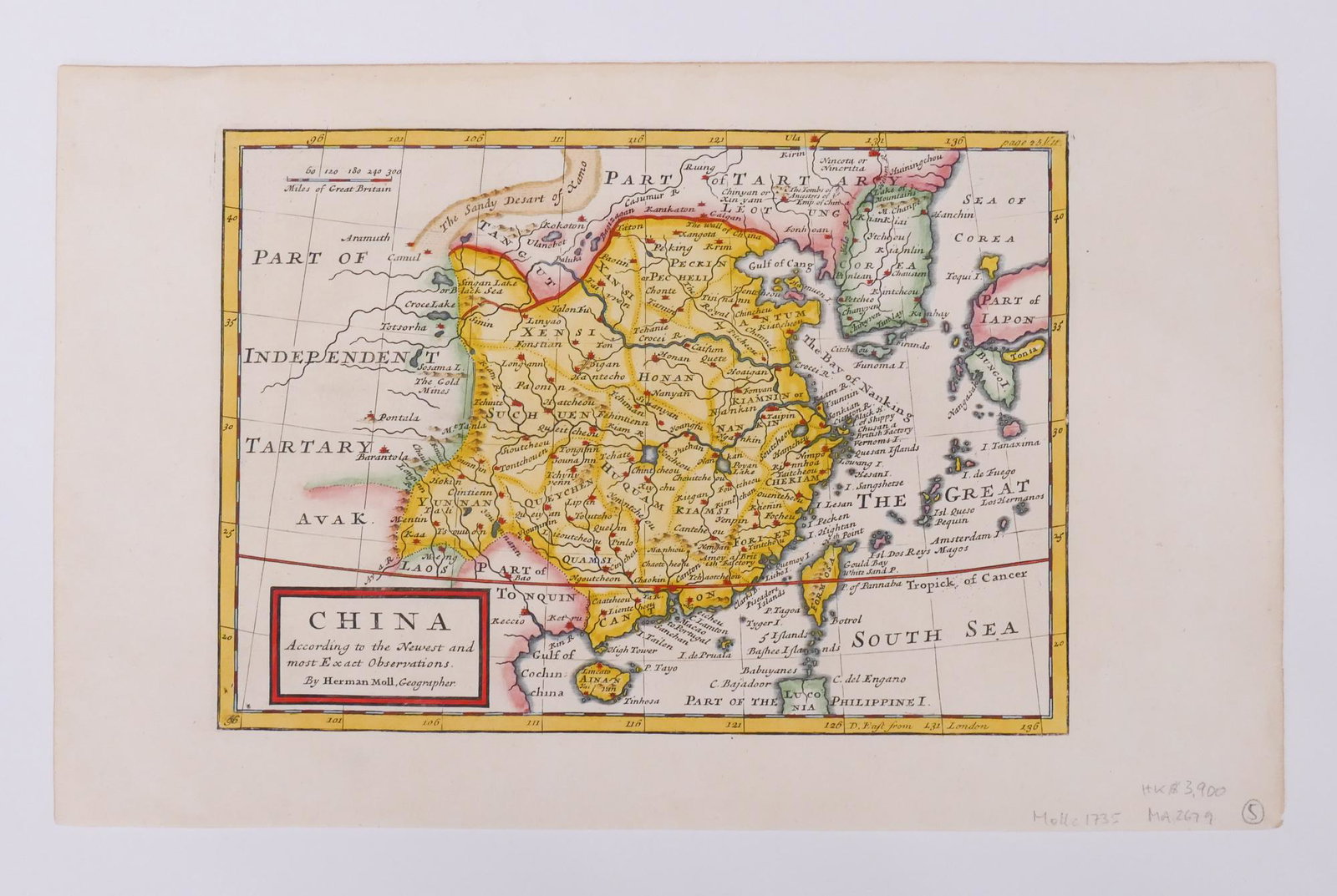 Moll, China According to the Newest and most Exact: Herman Moll, China According to the Newest and most Exact Observations. London, c.1735. Impression measures 7.25x10'' on 9x14.25'' sheet. Purchased from Wattis Fine Art. (134)