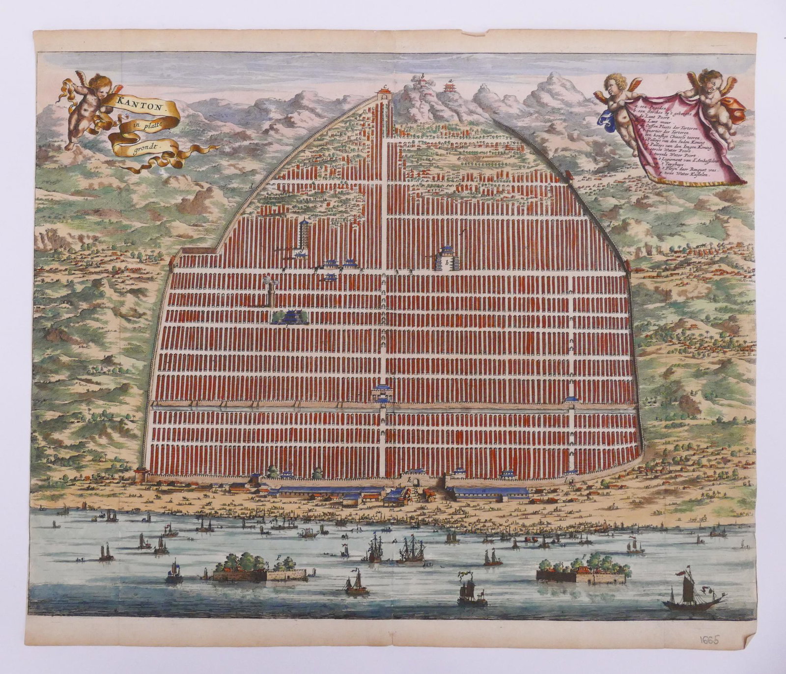 Pieter van Der Aa, 'Kanton' City View 1670: Pieter van Der Aa, 'Kanton in platte grondt'. Leiden, 1670. Plan of Guangzhou, China. On sheet measuring 12x14.25''. Trimmed inside right and lleft side impressions.
