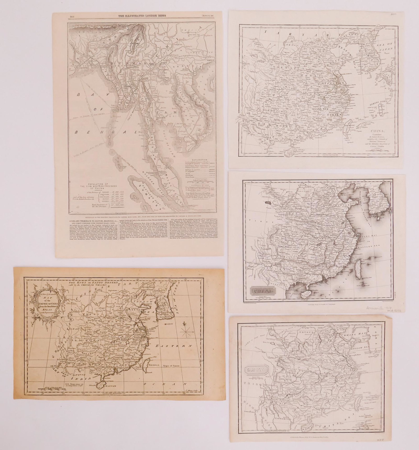 5pc 19th Century British Maps of China: 5pc 19th Century British Maps of China. Includes 'A New Map of the Empire of China from Sieur Robert's Atlas with Improvements' (8.5x13.75''), Arrowsmith 'China, Published A. Constable' 1817 (9x11.5''