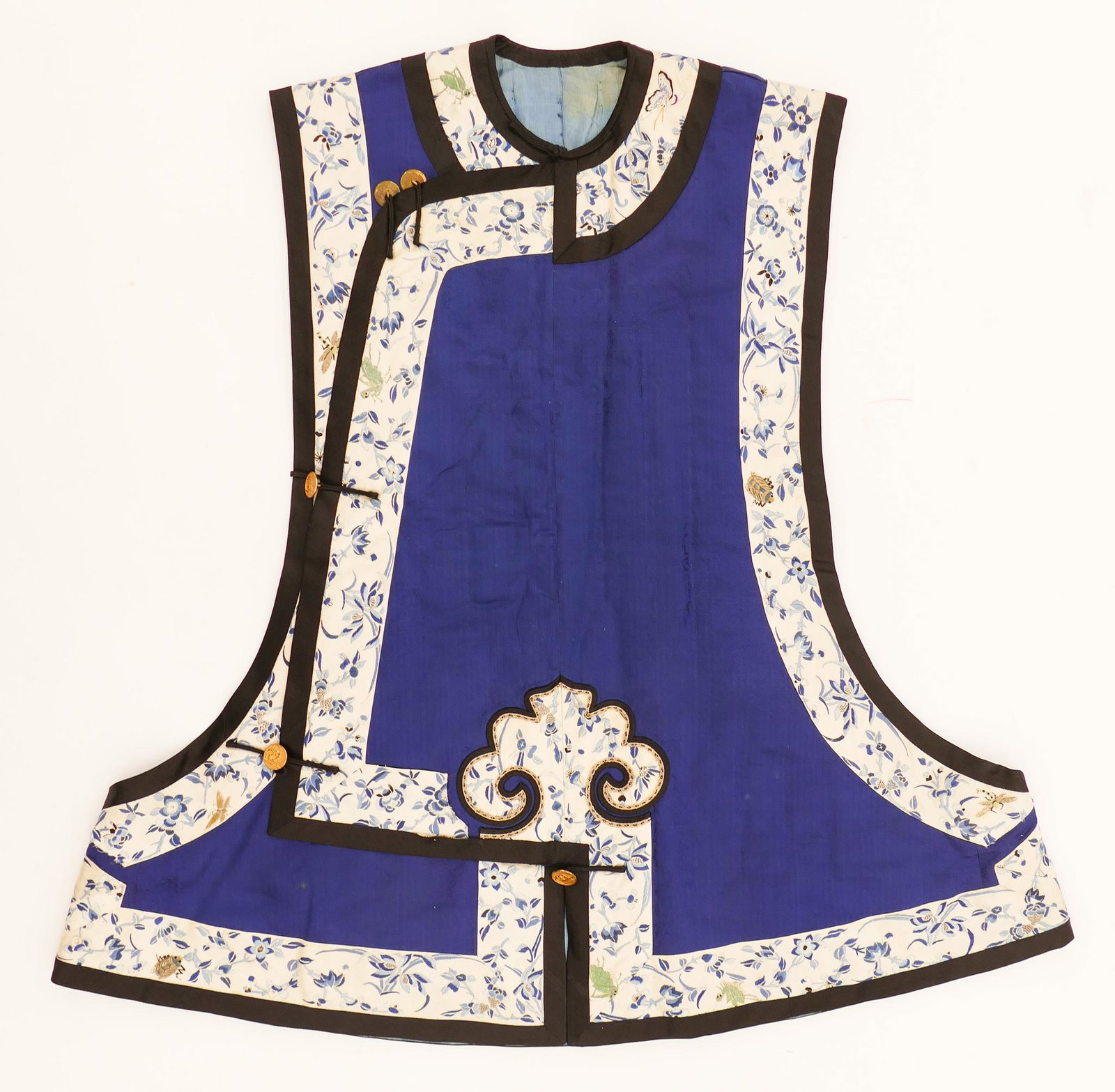 Old Chinese Silk Embroidered Vest Robe: Old Chinese Silk Embroidered Vest Robe 31''x30''. Cobalt blue ground with brocade medallions with five-clawed dragons. Embroidered border with insect and flower motifs. Some staining from use. Early 2