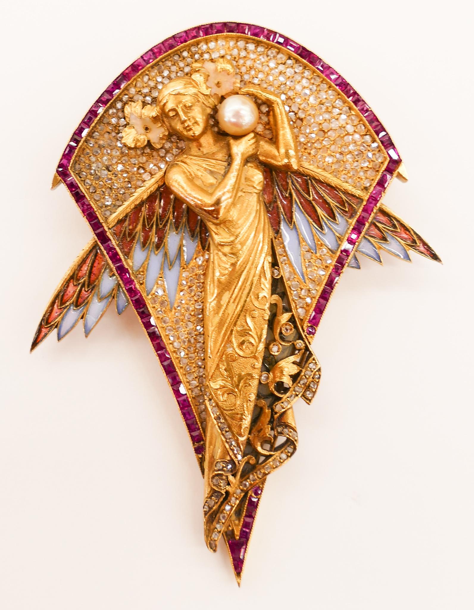 Masriera Barcelona 18k Plique-a-Jour Nymph Brooch (1 of 2)
